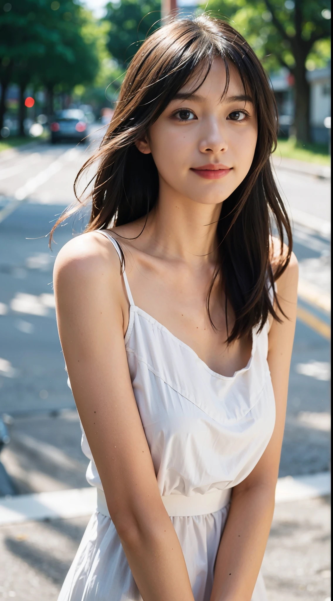 Neat college girl, petite person, (long white camisole, white panties), outside the athletic field, (slim, small, flat, small), photorealistic, detail, skin texture, ultra detail, delicate and sexy collarbone, troubled look, super detailed face, detailed lips, detailed eyes, double eyelids, all fours, sexy pose, Wet and sheer white camisole