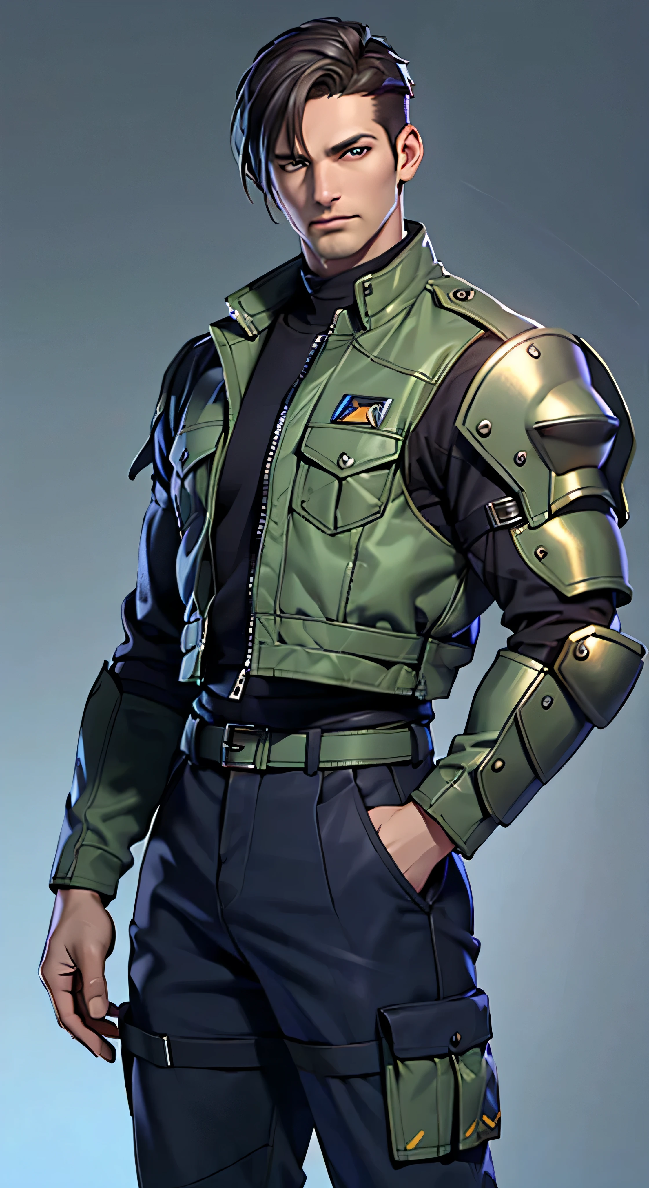 11:23(((Best quality: 1.4))),(Unbeatable masterpiece), (hyper HD),(Hyper-realistic 8k CG)、（dark colored hair） ((( body))), (((1男性))), 40-year-old American soldier with perfect body,,Beautiful and well groomed face,muscular body:1.2,Solid royal blue jacket with details, (Pictures from head to thighs，Complex equipment，long trousers，The clothes inside are dark，Clothes with armored metal electronic parts,  )