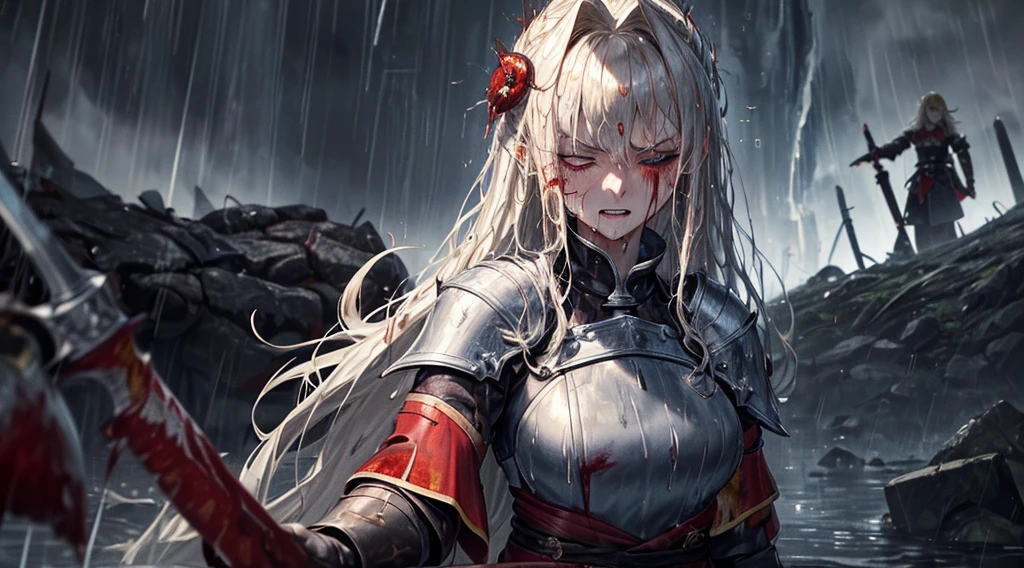 masterpiece,best quality,ultra detailed,(1 Fallen Female Knight),(rage:1.1),(one eye closed:1.1),upper body shot,The fire sword,blonde hair,long hair,blue eye,straight hair,(ThunderStorm:1,5),darksouls,(fire:1.4),(Rainy:1.3),((blood dripping from mouth:1.0)),(((profuse bleeding:1.5))),grass,(wet skin:1.3),(wet hair:1.5),(gritting teeth)