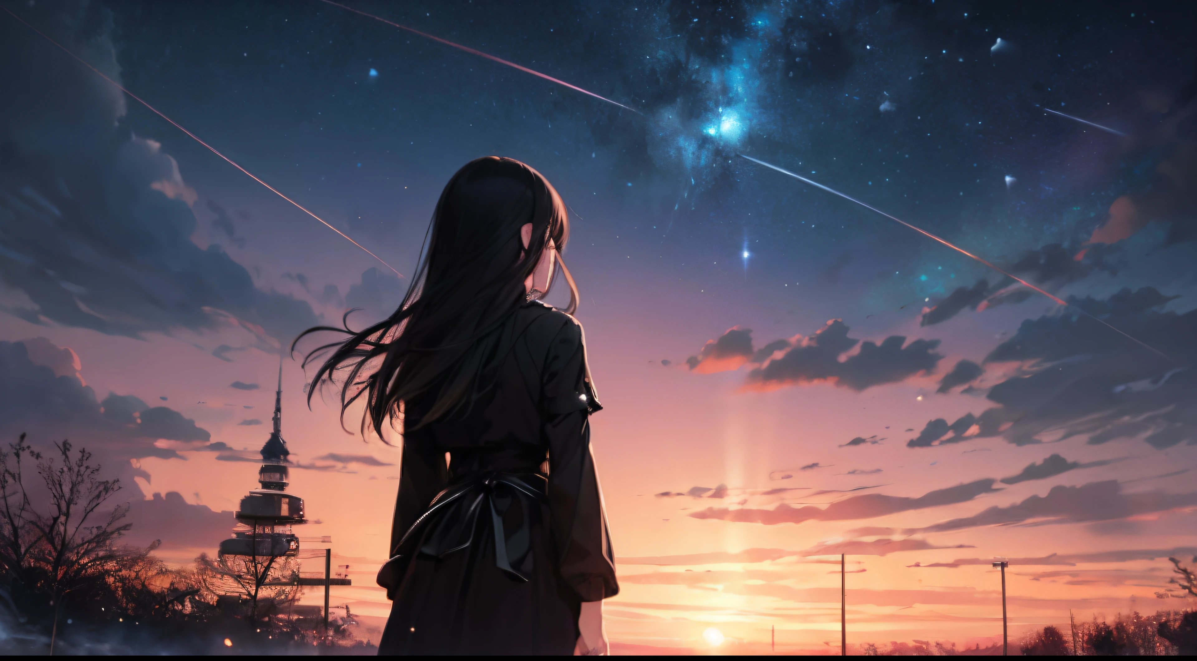 {{{On the table}}}, {{{Best quality at best}}}, {{ultra - detailed}}, {illustratio}, {{Extremely Delicately Beautiful}}, beautiful sunset sky, Wide sky, mistic, "Only plain words are closely connected", deep space, falling sky, meteorite, back view of girl, brunette color hair, hairlength, Black dress, shortsleeves, Girl looking at the night sky, The feeling of a sprint, The end of the world, dystopian, wide wide shot, Faraway view