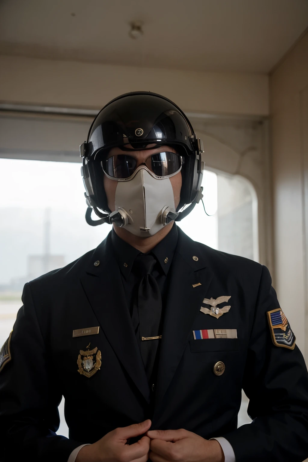 American Air Force F-10 Fighter pilot with his helmet and mask on wearing tuxedo. Head and face are completely covered by his helmet