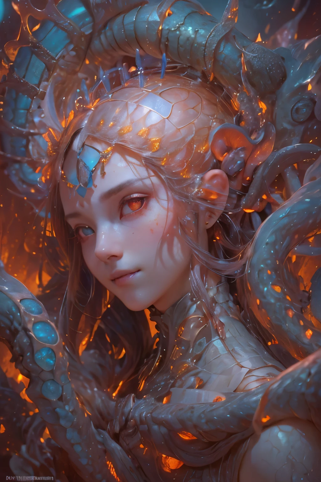 (1 female medusa-like mutant: 1.2), With a beautiful, enchanting face, this alien seduces us with her allure. Her captivating red eyes gleam brightly, reminiscent of burning embers. Her full body is unlike any human's, boasting a sexy, otherworldly form. No humans are present in this scene as she stands alone, her cells fused in a unique and intriguing extraterrestrial way.
(extraordinary beautiful nude photo:1.4), (glowing silver eyes:1.5), (sexy and glamorous:1.1), (coquettish expression:1.2), toned lean body, (muscular:1.2), (beautiful abs:1.5), beautiful nipples, She has lots of iridescent translucent tentacles instead of her hair, pale skin, (white skin with prominent veins:1.3), moist skin,
Lots of iridescent translucent tentacles adorn her body, shimmering under the dramatic lighting. Her pale skin, with a hint of translucency, adds to her ethereal allure. This masterpiece, rendered in