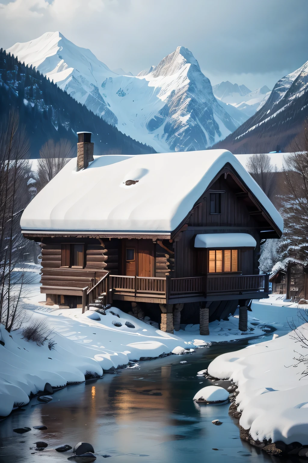 House in the mountains, Big rivers, Rocks with snow, Sharp Focus, insane detail, 8K. 50mm Lens