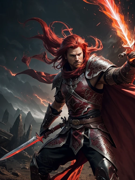 (crimson-haired man),(dual-wielding:1.1),(sword in each hand),(one black sword),(one ethereal sword),(intense gaze),(strong and confident),(epic battle scene),(dramatic lighting),(dust and debris floating),(powerful strikes),(dynamic poses),(martial prowess),(fierce expression),(action-packed),(high-stakes confrontation),(epic fantasy setting),(splashes of red),(magical aura),(intense energy),(detailed armor),(intricate details on swords),(unyielding determination),(smoke and sparks),(cinematic composition),(impressive physique),(crimson cloak flowing),(ominous atmosphere),(extraordinary agility),(mysterious background),(mythical creatures),(majestic scenery),(crimson-themed color palette),(flashing blades),(adrenaline rush)