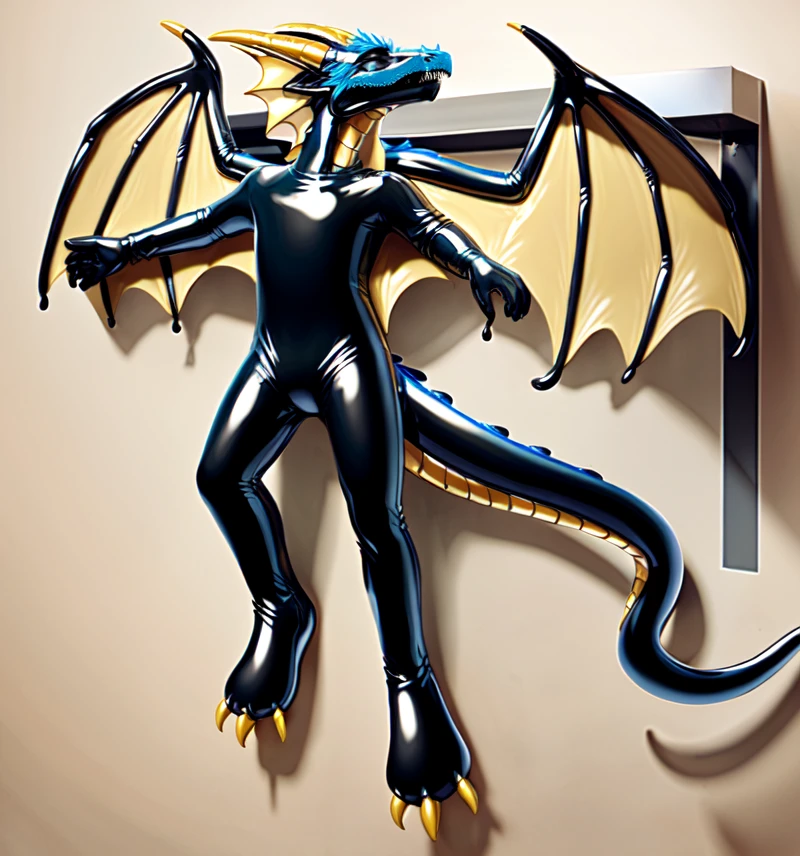 there is a drawing of a shiny blue latex dragon costume encasing a young man, latex goo coating, human latex dragon suit fusion, as an anthropomorphic dragon, inside latex animal costume store suspended from latex dragon suit display rack, young male anthro human latex dragon hybrid, dragon-shaped human, living suit, interior of costume shop filled with latex monster costumes, on display among various latex beast costumes