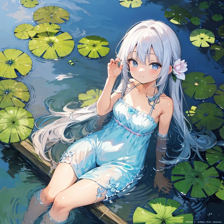 There is a girl sitting on a leaf, (White clothes), Fresh color scheme, There are stuffed animals, Guvez style artwork, popular in CGSTATION, illustratio:Li Song, soft anime, Lying on a mat of water lilies, Sitting on a lotus flower, Cute and detailed digital art, Cute art style, In the pond, By Jan J, Cute digital art, Guvitz, Sitting by the pond