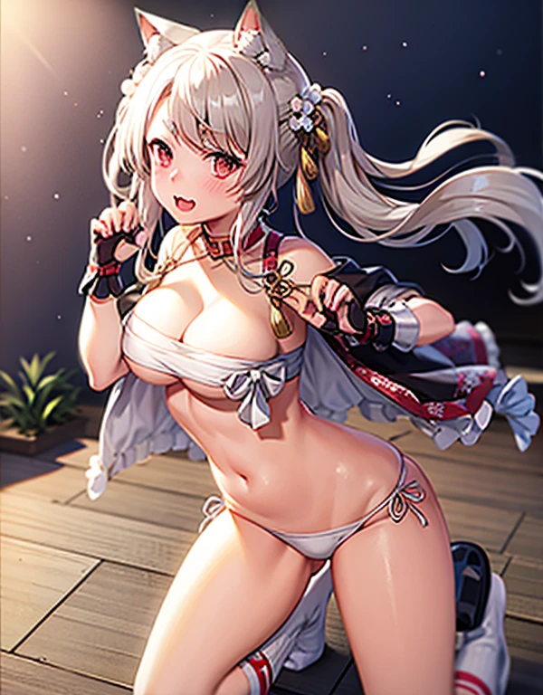 masutepiece,1girl in,Solo,White hair,Twintail,Cat ears,blush,Open mouth,Navel,cleavage, sarashi,PAW Pose,Put your hands on the ground、Raise your buttocks high
