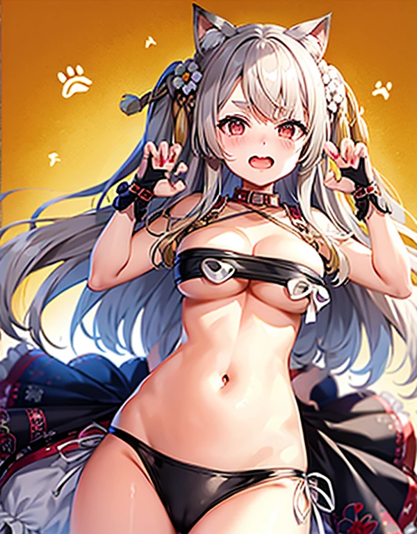 masutepiece,1girl in,Solo,White hair,Twintail,Cat ears,blush,Open mouth,Navel,cleavage, sarashi,PAW Pose,Put your hands on the ground、Raise your buttocks high