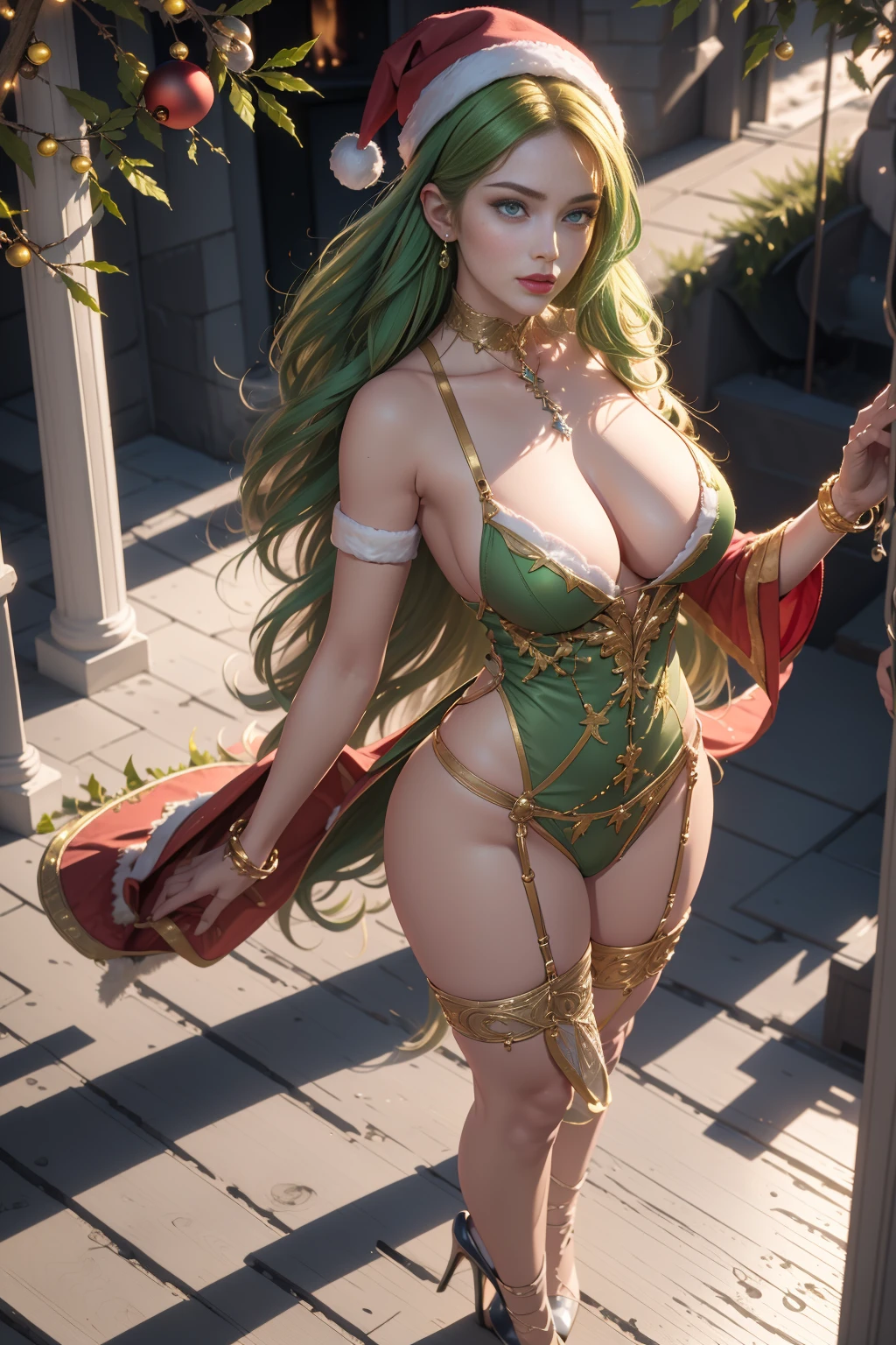ela_(rainbow_six_siege), masterpiece, best quality, 1girl, green hair, cuerpo completo , grandes tetas, gran trasero, voluptuoso, piernas abiertas , pose sexy , escote , Christmas hat , Christmas Clothes, nieve , christmas lingerie, christmas coat , christmas stockings , christmas heels