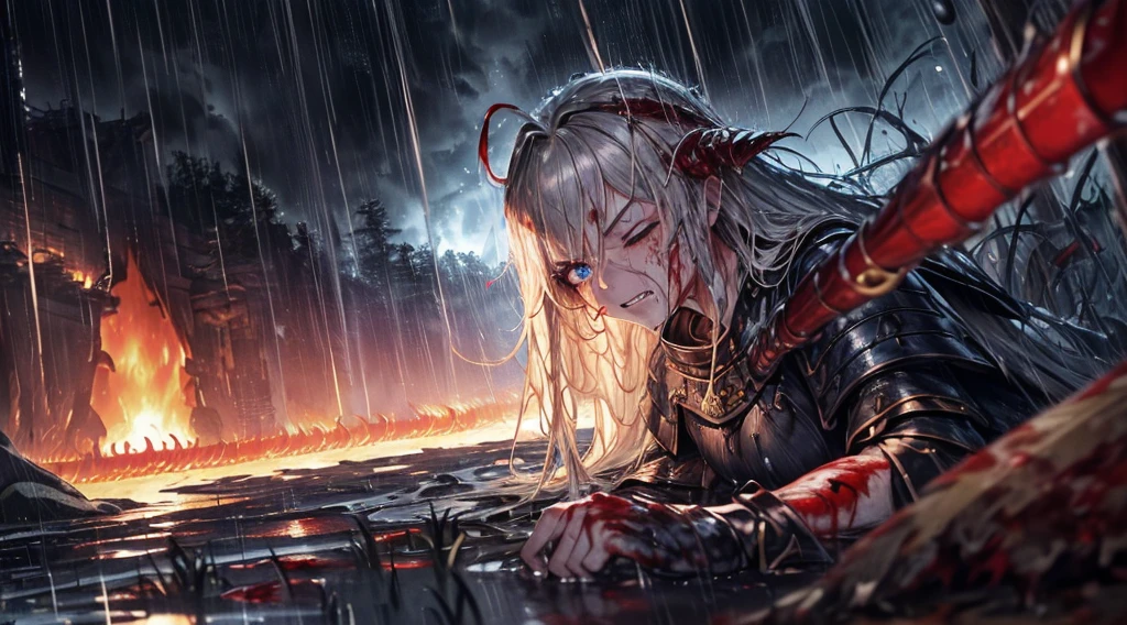 masterpiece,best quality,ultra detailed,(1 Fallen Female Knight),(rage:1.1),(one eye closed:1.1),upper body shot,The fire sword,blonde hair,long hair,blue eye,straight hair,(ThunderStorm:1,5),darksouls,(fire:1.4),(Rainy:1.3),((blood dripping from mouth:1.0)),(((profuse bleeding:1.5))),grass,(wet skin:1.3),(wet hair:1.5),(gritting teeth:1.0),(bandage)