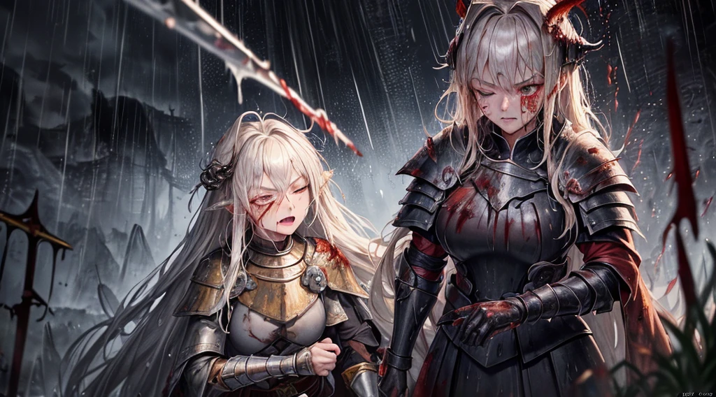 masterpiece,best quality,ultra detailed,(1 Fallen Female Knight),(rage:1.1),(one eye closed:1.1),upper body shot,The fire sword,blonde hair,long hair,blue eye,straight hair,(ThunderStorm:1,5),darksouls,(fire:1.4),(Rainy:1.3),((blood dripping from mouth:1.0)),(((profuse bleeding:1.5))),grass,(wet skin:1.3),(wet hair:1.5),(gritting teeth:1.0)