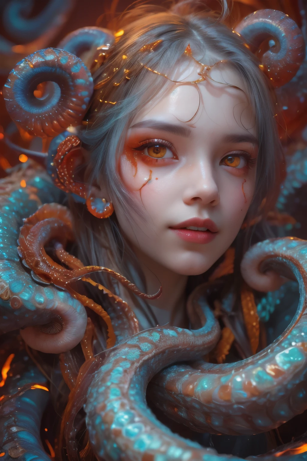 Portrait, (1 beautiful female alien:1.2), (There is a female genital-like organ in the middle of the forehead:1.8), (The most beautiful face in the history of the universe:1.2), (Scarlet eyes that shine mysteriously:1.6), (Translucent skin:1.8), an evil gaze that seduces, (red eyes:1.5), (large mouth:1.1), sharp teeth like a shark, Full body like, (bio luminescent:1.2), (Smile wickedly:1.3), (sexypose:1.5), alien, No humans, cells are fused, (Lots of translucent tentacles:1.1) (Translucent skin:1.3), extraterrestrial, cell, bio image, Best Quality, 8K,4K_quality, High Definition, Dramatic Lighting, masutepiece:1.5,cinematic quality, detail up, (Intricate details:1.2), High resolution, High Definition, drawing faithfully, (Thick eyebrows:1.2), Beautiful eyes with fine symmetry, (Ultra detailed eyes:1.2),(Highly detailed face and eyes:1.2), (High-resolution red-eye:1.4), Intimate face, (Super detailed skin quality feeling:1.4), Perfect ???????, (Beautiful toned body:1.5), (Moist skin:1.2), No makeup, (dark circles:1.1), long canines, cinematic drawing of characters, ultra high quality model, cinematic quality, detail up, (Intricate details:1.2), High resolution, High Definition, drawing faithfully, Official art, Unity 8K wall , 8K Portrait, Best Quality, Very High resolution, ultra detailed artistic photography, midnight aura, unreal enginee 5, Ultra Sharp Focus, art by alberto seveso, ArtGerm, Roisch, intricate artwork, best quality, masutepiece, ultra High resolution, (photos realistic:1.4), Ultra-realistic realism, dream-like, nautilus, Creation of fantasy, Snail, Dream Snail, (biopunk nautilus:1.3), Thrilling color schemes, Ultra-realistic realism, seductively smiling, Blue tentacles