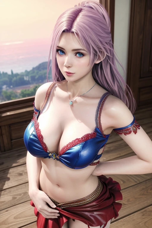 Aerial View,1girl,Elise,(Wearing Red and blue color matching style; Multi layered skirt with floral lace),jewelry,Tattoos,(shiny skin:1.4),clavicle,huge breasts,photography, (masterpiece:1.5),( best quality:1.4), 8K, HDR, highres, 3D,32K, Blender cycles render, prefect and regular fingers, Phase One XF IQ4 150MP Camera ,a photorealistic panorama that is a ultra-complex , fine quality, Analogous Colors,Warm Tone,natural lighting,High Contrast,full body,