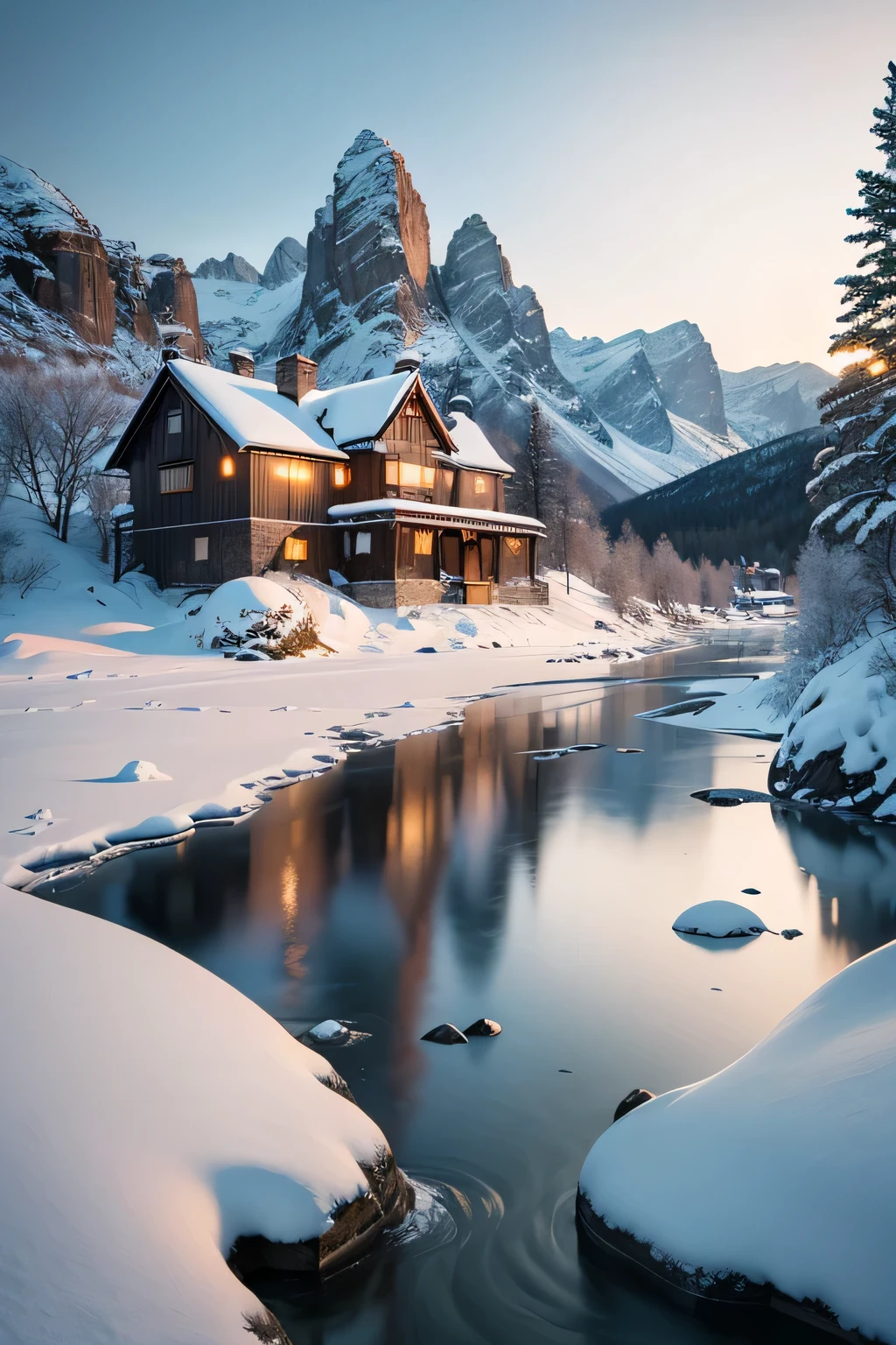 ((house in the snowy mountains, Big rivers, Rocks with snow)), Sharp Focus, insane detail, 8K. 50mm Lens