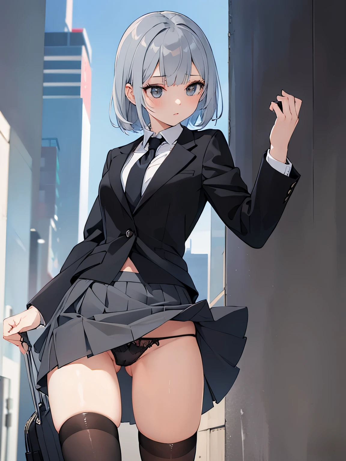 black suits、(gray skirt turning up:1.3)、(black panties),(intricate panties:1.2),thighhighs,outdoors,,looking afar,looking to the side,