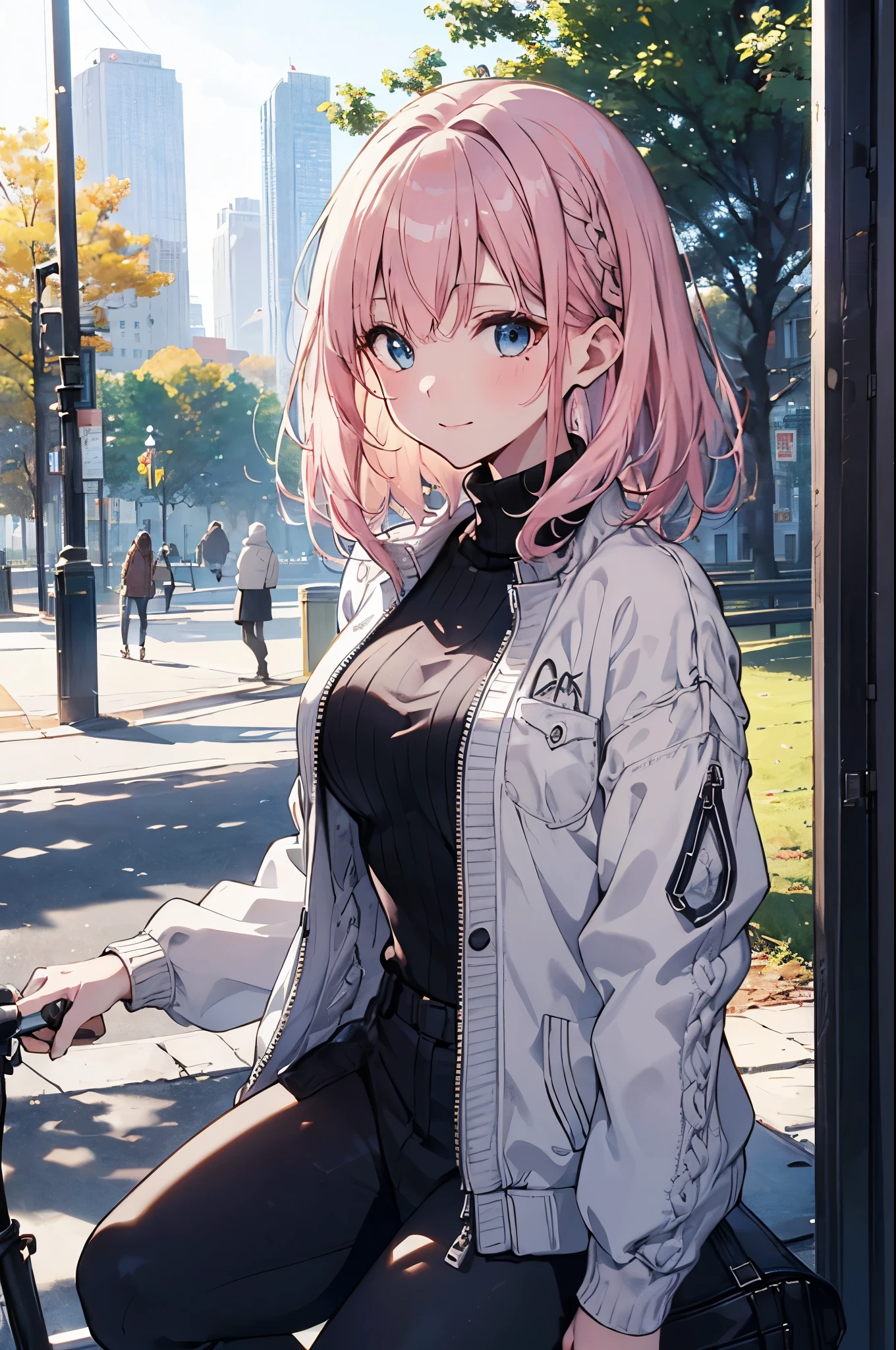 （Girl with a nasty appearance:1.3）、(Daytime:1.5)、(and chest:1.4)、Raw photography, top-quality, hight resolution, (​masterpiece), (Photorealsitic:1.4), (Mole under the eyes),Anime , foco nítido, nffsw, 8K分辨率, intricate detailes, depth of fields, the Extremely Detailed CG Unity 8K Wallpapers, front lit, femele,25-years old、 Happy face,(tying  hair:1.5)、see -through、(Medium pink hair)、blue eyess,(a park:1.5)、(Turtleneck Knit Jacket:1.3)、(Full body depiction)、winter atmosphere、weekdays,Riding in a car