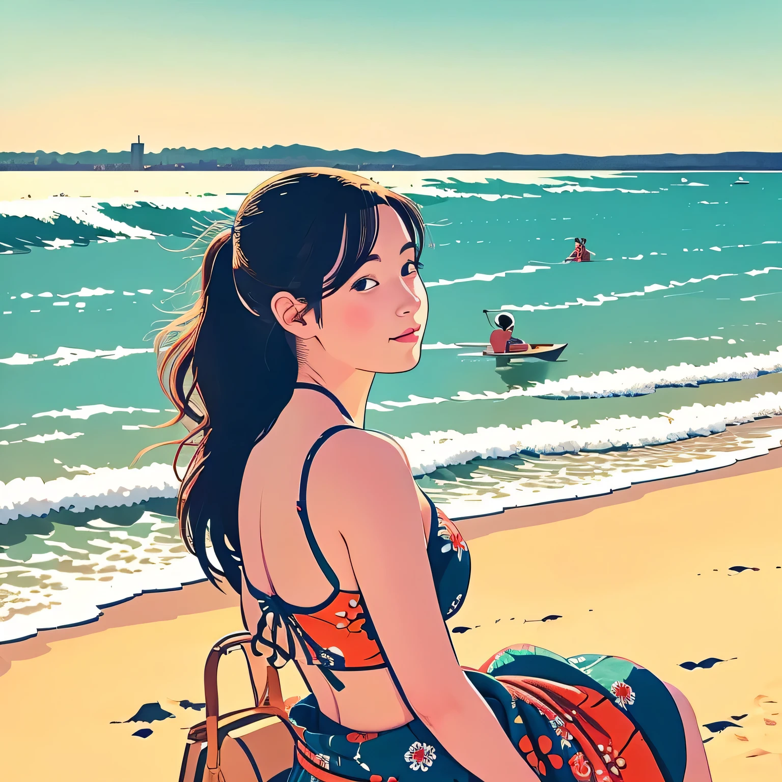 Illustration style、ukiyoe painting、girl、Beach