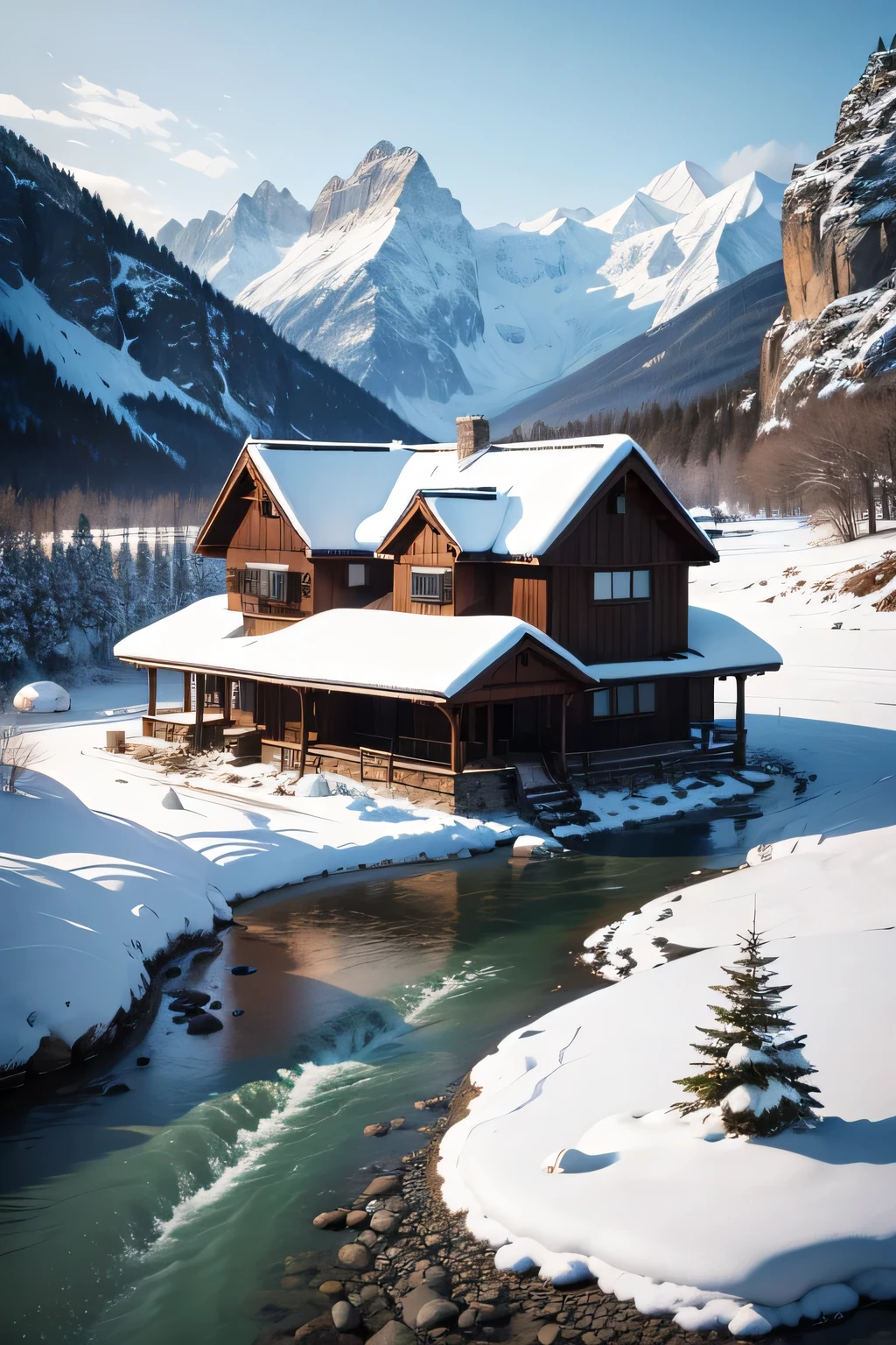House in the mountains, Big rivers, Rocks with snow, Sharp Focus, insane detail, 8K. 50mm Lens