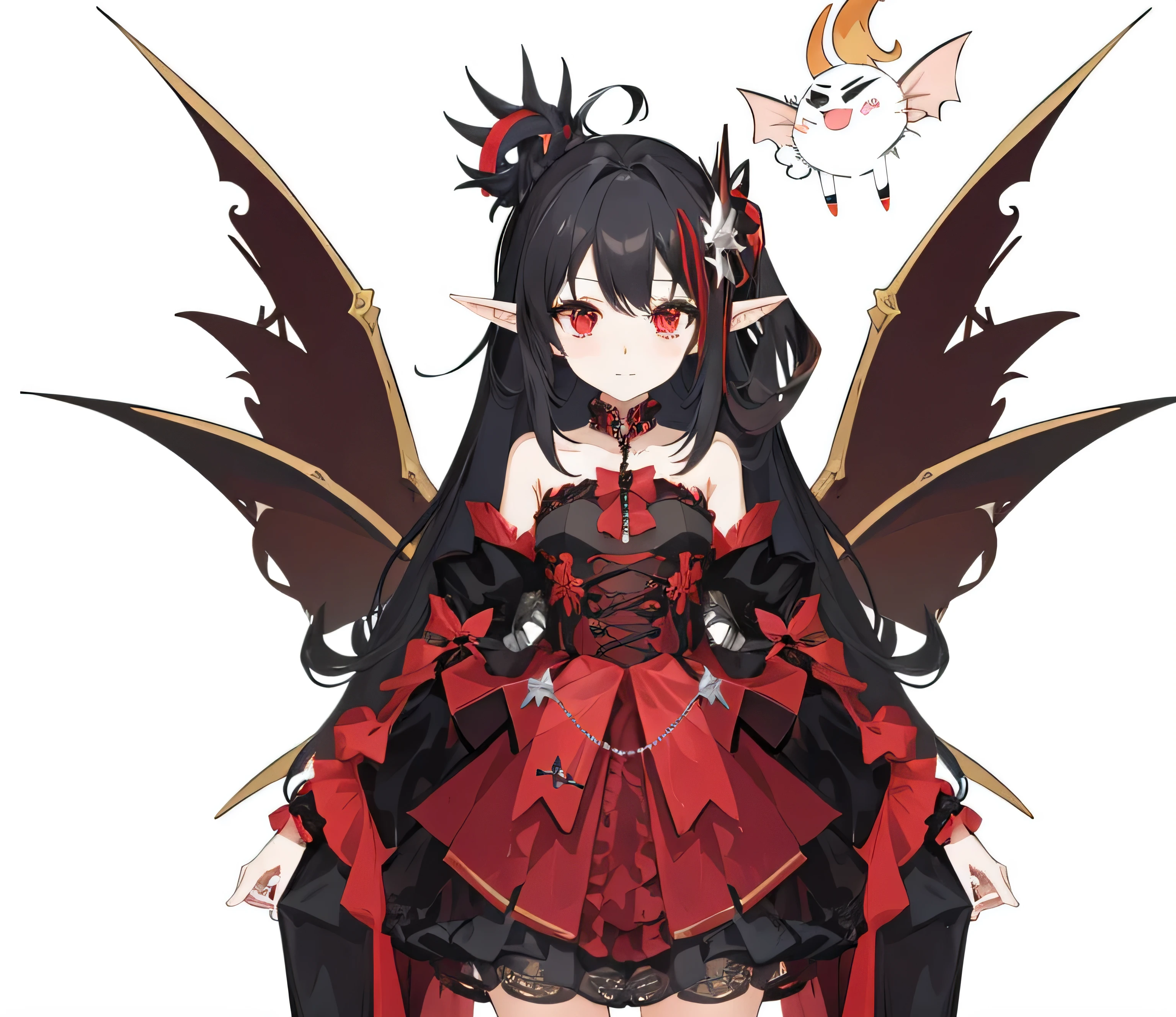 Anime girl with red eyes, black wings and red skirt, Demon anime girl, Mika Kurai Devil, full body adoptable, succubi, beautiful elegant demon queen, infernal nymph!!!, thedemongirl, beautiful succubi, Cute anime waifu wearing nice clothes, succubi | medieval times, Available roles, anime monster girl, style of magical girl,detail-rich,Hard,Clean shape,tmasterpiece,Nice costumes,Strong texture,style of anime