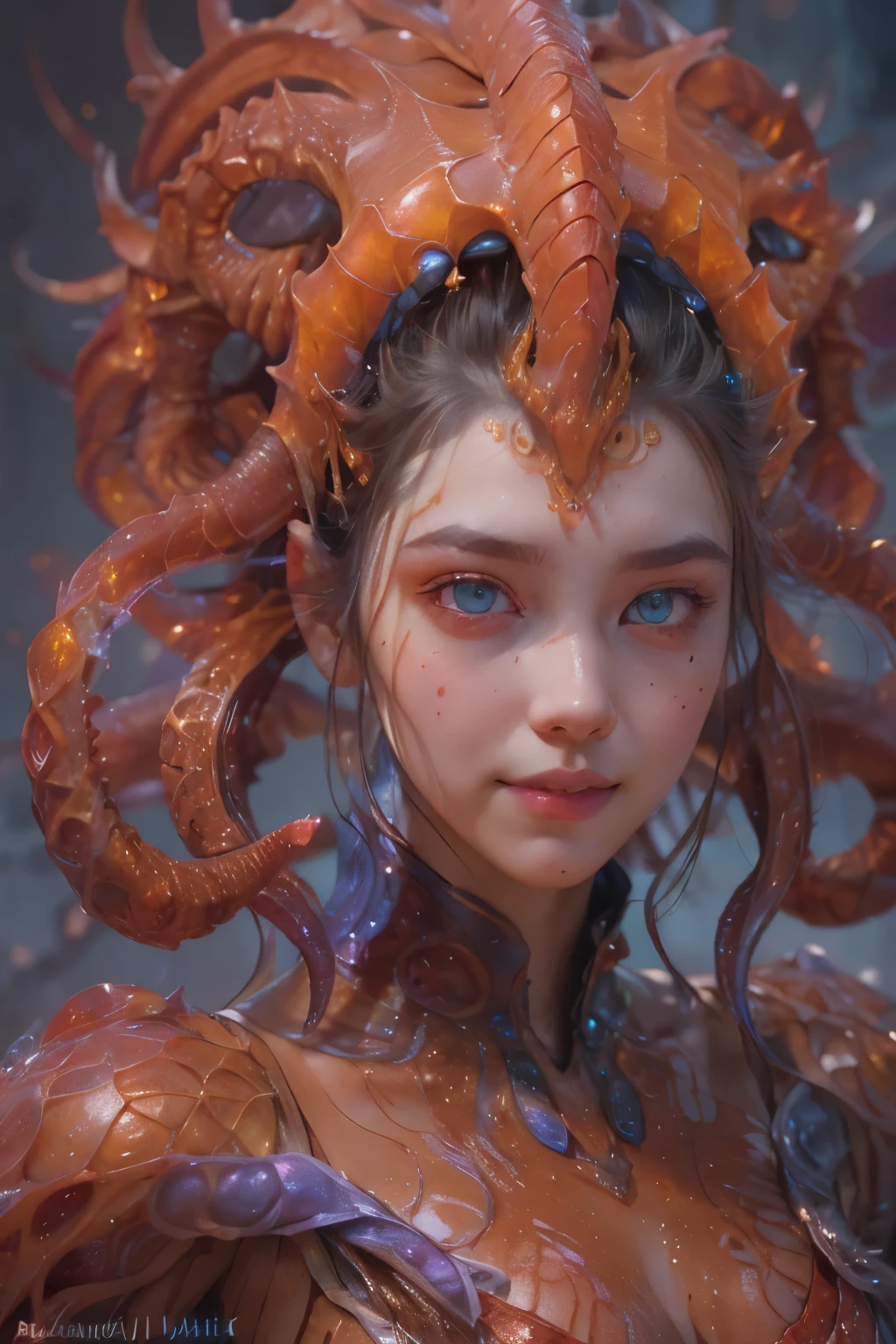 Portrait, (beautiful female alien:1.2), (There is a female genital-like organ in the middle of the forehead:1.8), (The most beautiful face in the history of the universe:1.2), (Scarlet eyes that shine mysteriously:1.6), (Translucent skin:1.8), an evil gaze that seduces, (red eyes:1.5), (large mouth:1.1), sharp teeth like a shark, Full body like, (bio luminescent:1.2), (Smile wickedly:1.3), (sexypose:1.5), alien, No humans, cells are fused, (Lots of translucent tentacles:1.1) (Translucent skin:1.3), extraterrestrial, cell, bio image, Best Quality, 8K,4K_quality, High Definition, Dramatic Lighting, masutepiece:1.5,cinematic quality, detail up, (Intricate details:1.2), High resolution, High Definition, drawing faithfully, (Thick eyebrows:1.2), Beautiful eyes with fine symmetry, (Ultra detailed eyes:1.2),(Highly detailed face and eyes:1.2), (High-resolution red-eye:1.4), Intimate face, (Super detailed skin quality feeling:1.4), Perfect Anatomy, (Beautiful toned body:1.5), (Moist skin:1.2), No makeup, (dark circles:1.1), long canines, cinematic drawing of characters, ultra high quality model, cinematic quality, detail up, (Intricate details:1.2), High resolution, High Definition, drawing faithfully, Official art, Unity 8K wall , 8K Portrait, Best Quality, Very High resolution, ultra detailed artistic photography, midnight aura, unreal enginee 5, Ultra Sharp Focus, art by alberto seveso, ArtGerm, Roisch, intricate artwork, best quality, masutepiece, ultra High resolution, (photos realistic:1.4), Ultra-realistic realism, dream-like, nautilus, Creation of fantasy, Snail, Dream Snail, (biopunk nautilus:1.2), Thrilling color schemes, Ultra-realistic realism, seductively smiling, Blue tentacles