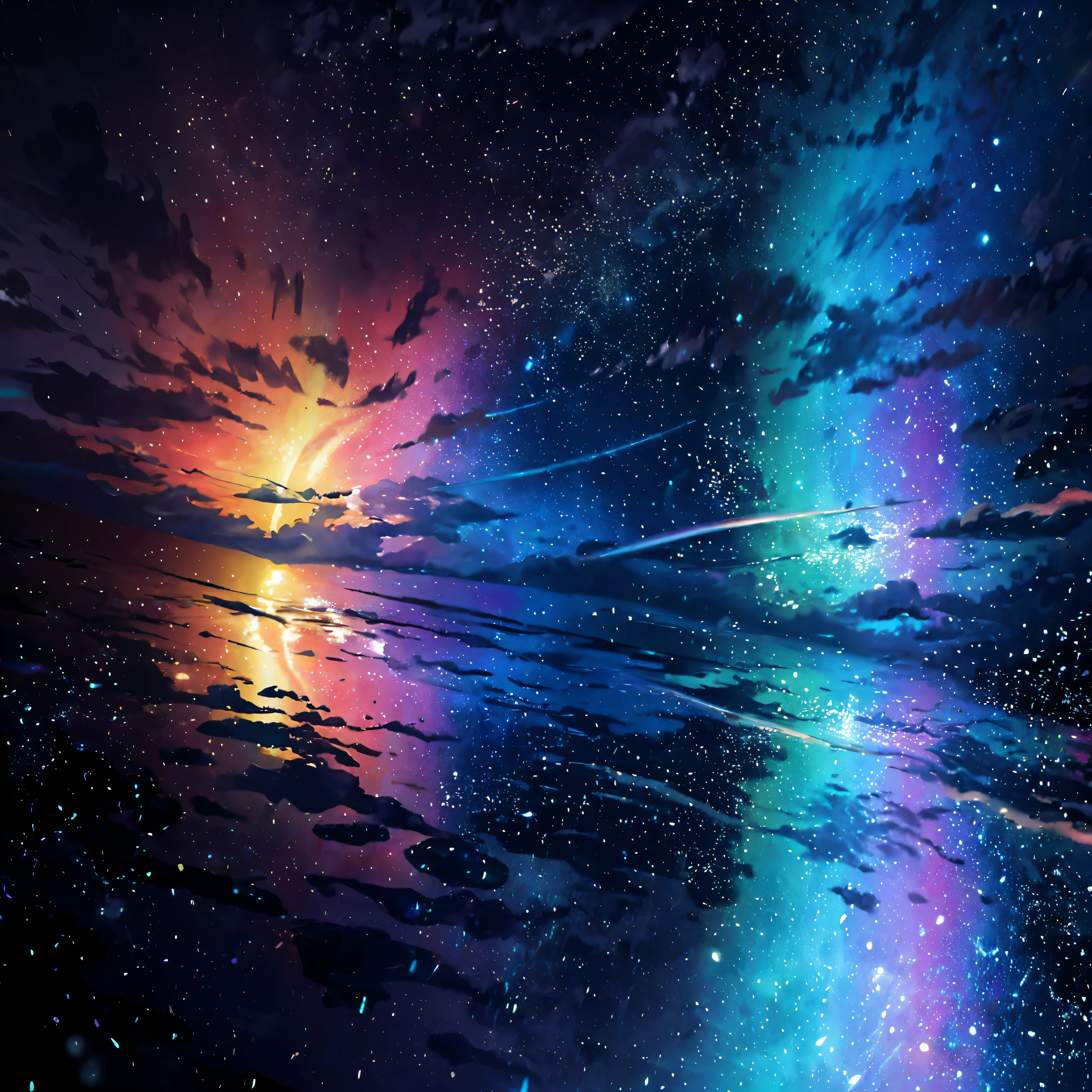 Iridescent sky,Painting clouds and rainbows, very colorful heavenly, Elegant rainbow rain cloud, Bright rainbow rain clouds, iridescent clouds, heavenly colors, on cosmic cloudscape, Sunny rainbow galaxy rough sea, Rainbow clouds, ethereal rainbows, iridescent clouds, 坐on cosmic cloudscape, Iridescent sky,The background is the stars in the sky, heavenly atmosphere