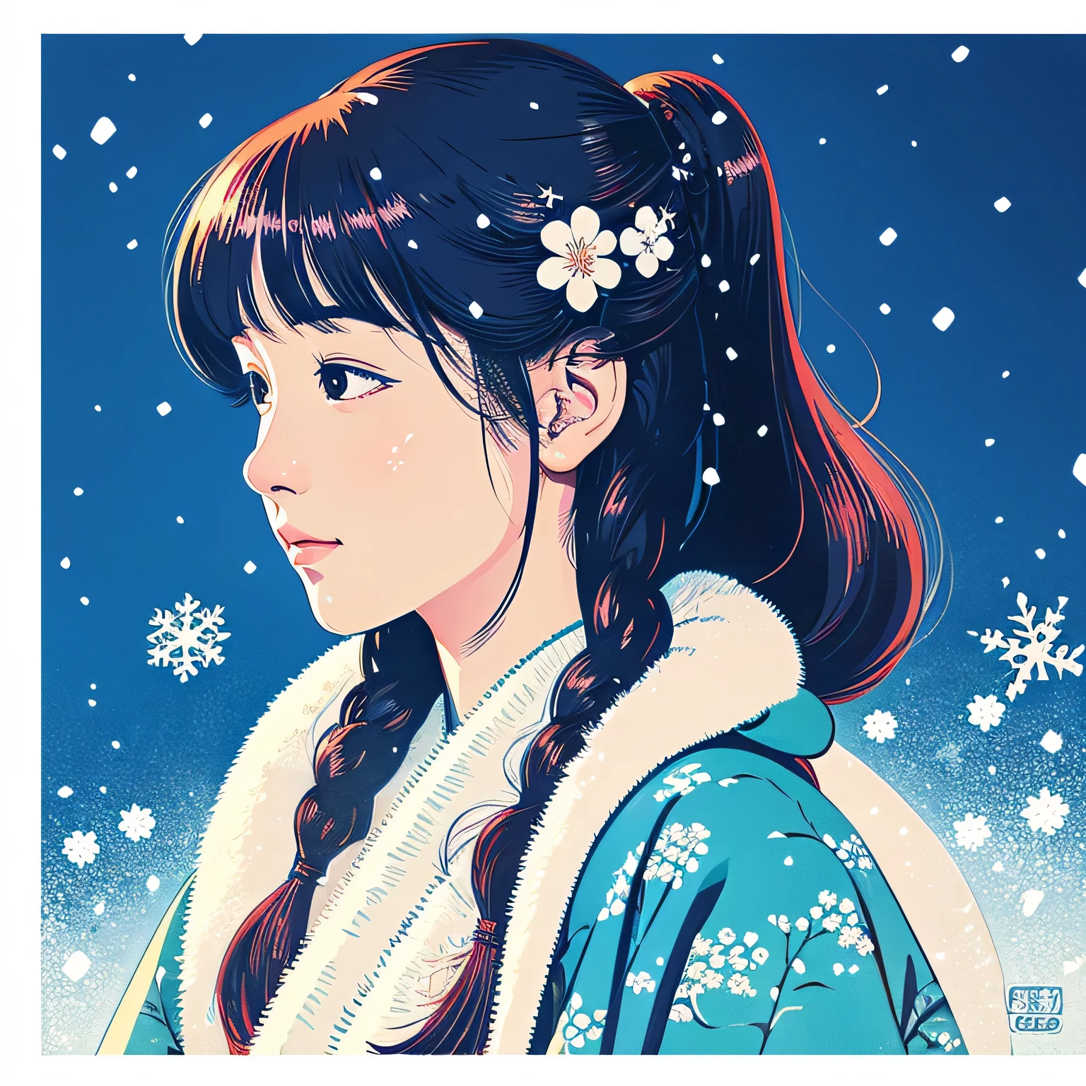 Illustration style、ukiyoe painting、Showa Anime、Woman、Snow、Sensitive