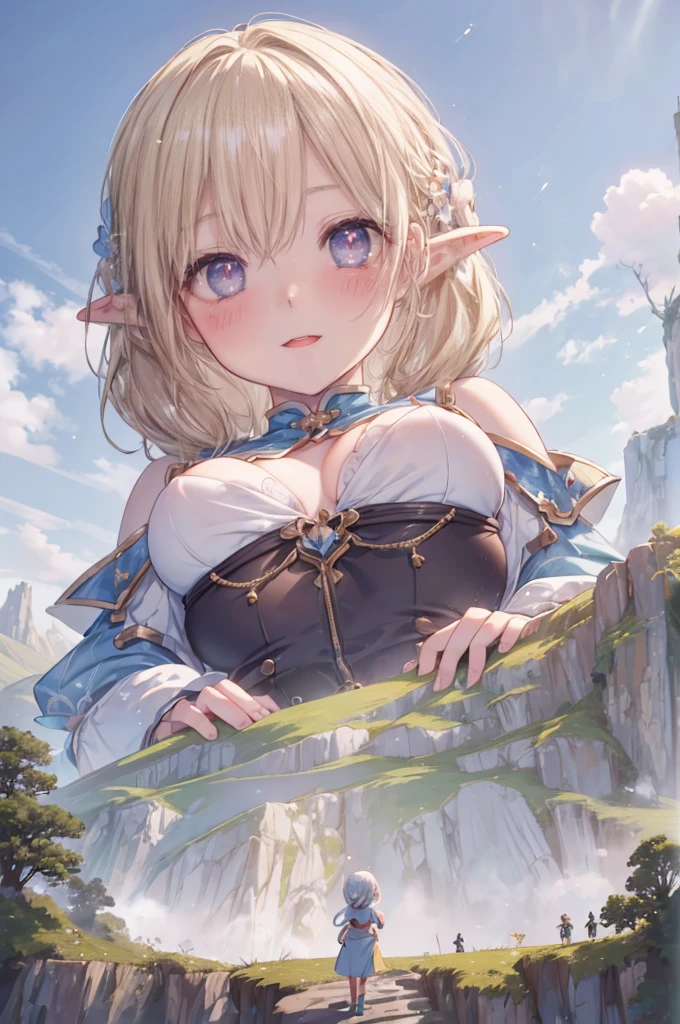 (tiny crowds of people in front of a giantess breasts: 1.2), (nature wilderness: 1.2), (a tiny crowd of people on a cliff in front of the breasts of a giantess: 1.2), (tiny adventurers: 1.1), (crowds of tiny people in front of a girl: 1.1), (crowds of tiny people on a cliff: 1.1), (bright winter pastel sky background:1.3), giantess girls in the background, multiple girls, (giantess:1.1), cliffs, hills, trees, mountains, forest, elfgirl, (very tall girl:1.2), (giantess:1.2), archer dress, armor, high elf, behind a tiny cliff, (crowds of tiny people: 1.1), (tiny adventurers:1.1), (crowds:1.5), (tiny people: 1.1), fantasy, (tiny people on a cliff: 1.2), (2girls:1.5), cliffs, hills, trees, mountains, (most pretty age girl: 2), (>:D:1.2) blushing, anime style 4 k, beautiful anime portrait, very detailed, simple colors, pastel, (vibrant and aesthetically pleasing), (an adult woman with a fragile build: 1.1), (smooth shiny skin: 1.1), (absurdres:1.1), (huge breasts with cleavage:1.3), (tall teengirl:1.4), (adorable beauty: 1.3), <lora:age_slider:1.5), mountains