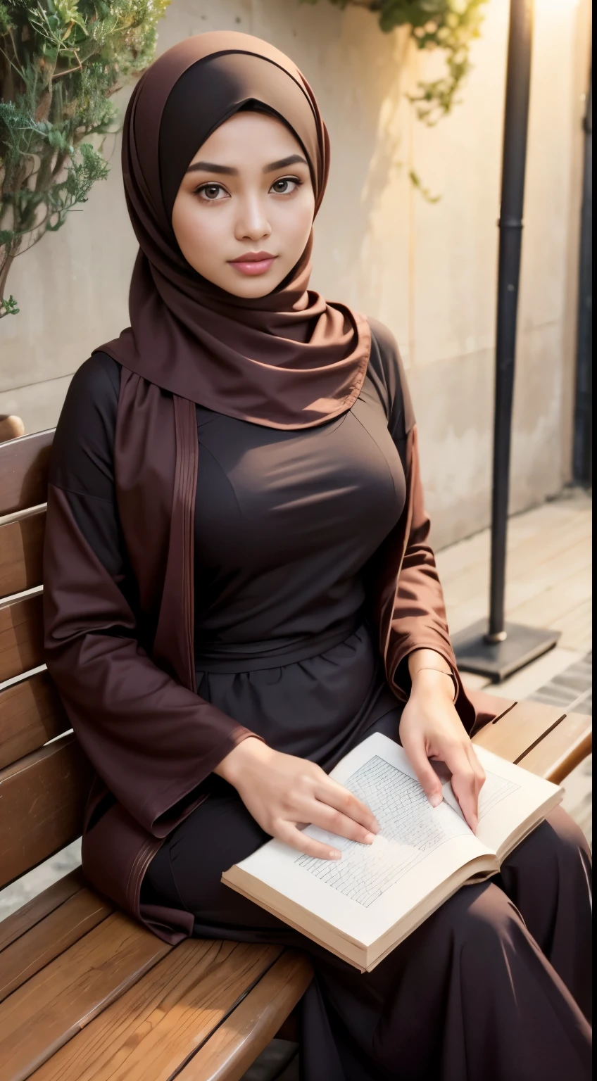 (Close up),RAW, Best quality, high resolution, masterpiece: 1.3), Beautiful Malay woman in hijab, Masterpiece, perfect fit body,perfect hand, Big breasts, beautiful big eyes, Soft smile,RAW, Best quality, high resolution, masterpiece: 1.3), beautiful Malay woman in hijab,Masterpiece, perfect fit body, big breast, big orgeous eyes, Soft smile, beutifull face,woman in long brown dress sitting on a bench holding a book, reading new book, reading a book, hijab, , very beautiful masterpiece, femme, masterpiece work of art , Great lighting, Bright colors, Clean lines
