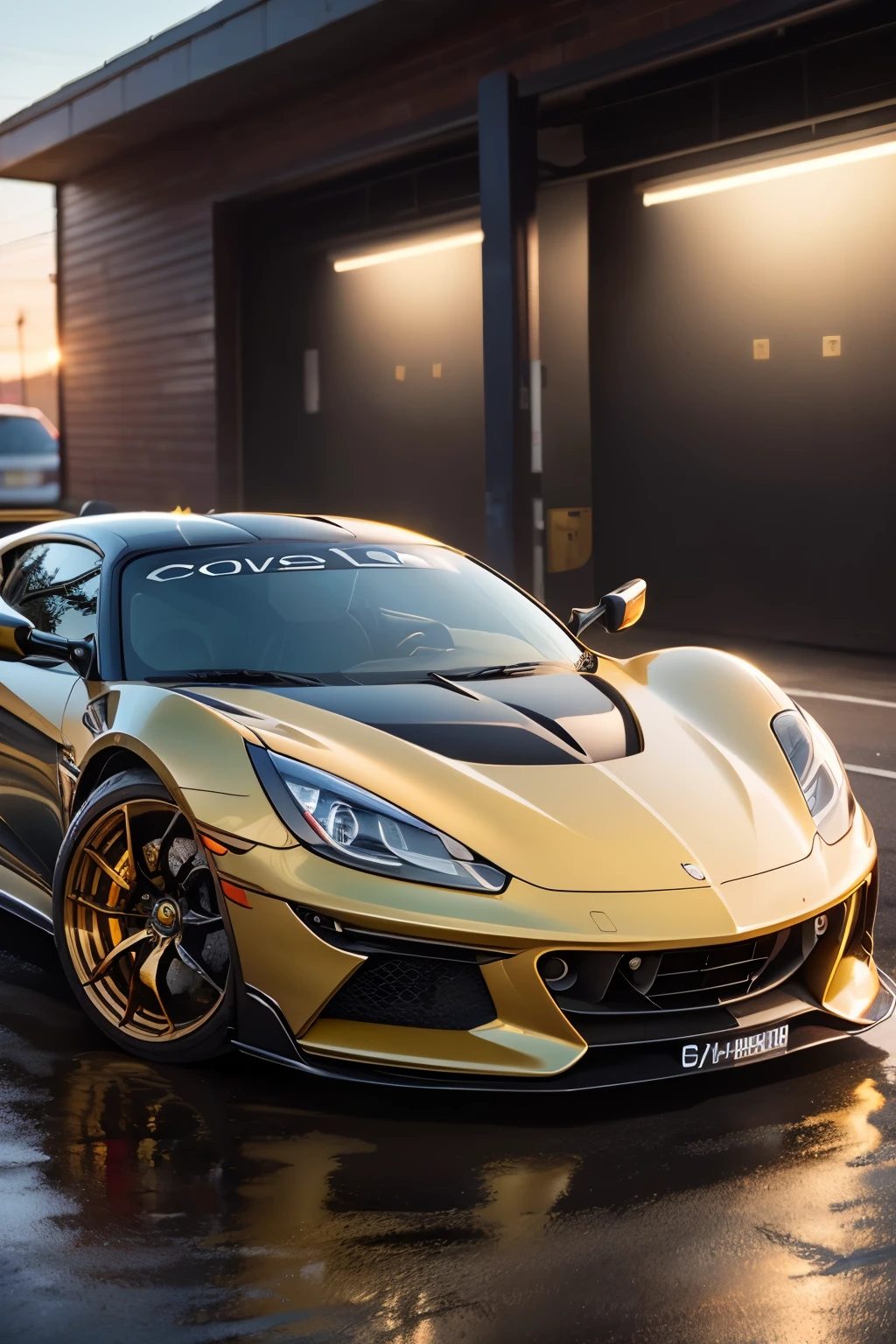 1car with a red and gold interior parked in front of a garage, vehicle, mid shot photo, sport car, highlight, album, slr, sportcar, vehicle photography, lotus, sports car, full view of a sport car, photo mid shot, new vehicle, exotic, album photo, black and yellow and red scheme, formulae, wheels, high detail, glowing light, cinematic lighting, masterpiece, ccurate, textured skin, super detail, high quality, award winning, highres, 4K, 8k, ((( no people))), (((No license plate)))