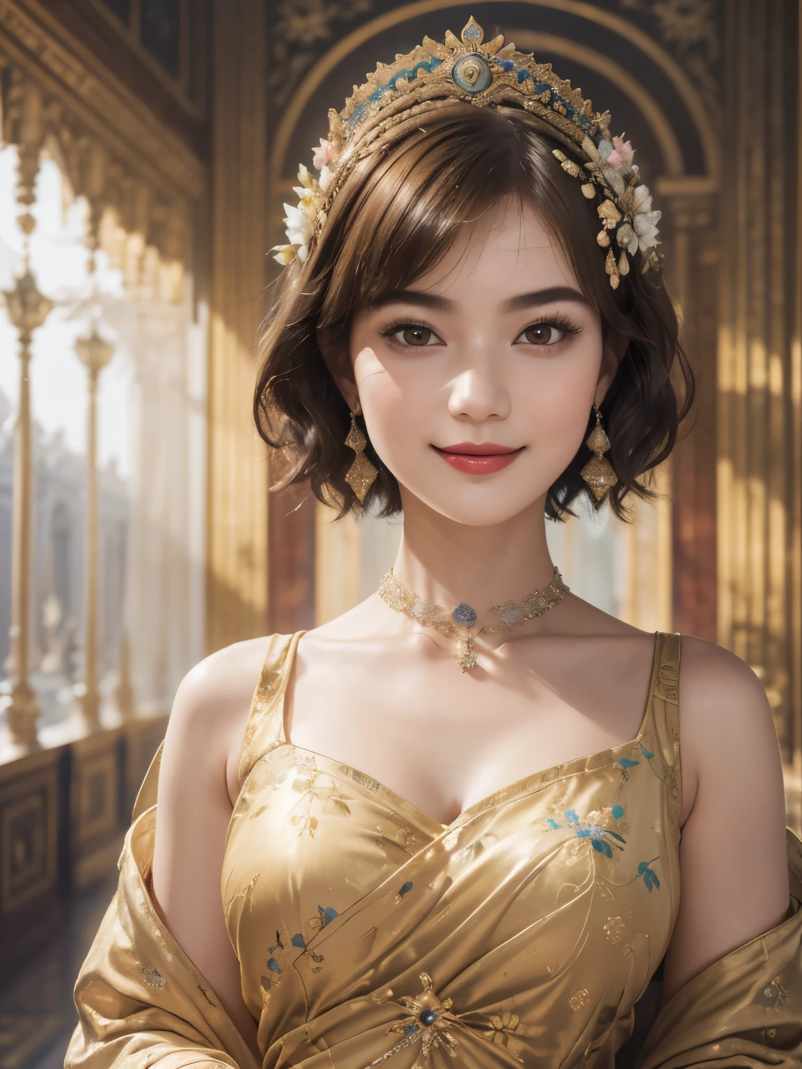 141
(a 20 yo woman,in the palace), (A hyper-realistic), (high-level image quality), ((beautiful hairstyle 46)), ((short-hair:1.46)), (kindly smile), (breasted:1.1), (lipsticks), (is wearing dress), (murky,wide,Luxurious room), (florals), (an oil painting、Rembrandt)