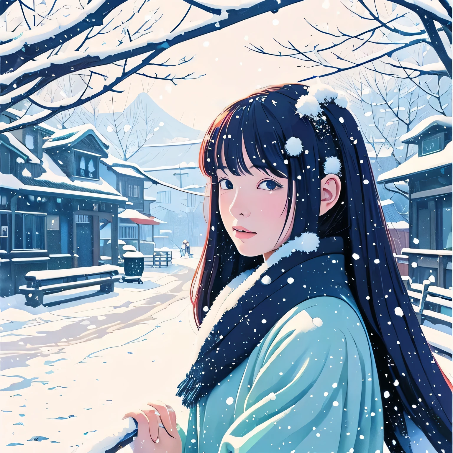 Illustration style、ukiyoe painting、Showa Anime、Woman、Snow、Sensitive