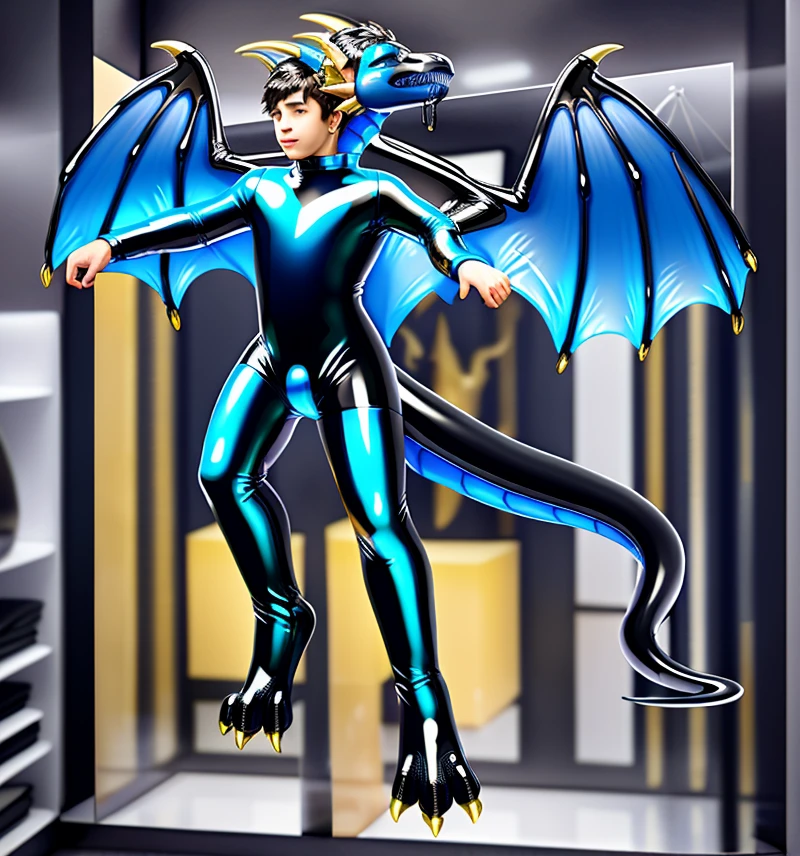 there is a drawing of a shiny blue latex dragon costume encasing a young man, latex goo coating, human latex dragon suit fusion, as an anthropomorphic dragon, inside latex animal costume store suspended from latex dragon suit display rack, young male anthro human latex dragon hybrid, dragon-shaped human, living suit, interior of costume shop filled with latex monster costumes, on display among various latex beast costumes