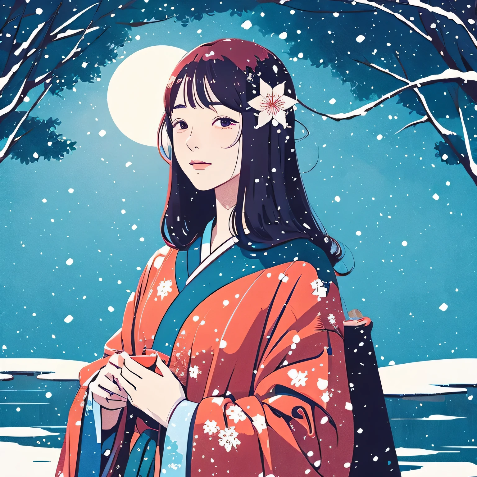 Illustration style、ukiyoe painting、Showa Anime、Woman、Snow、Sensitive