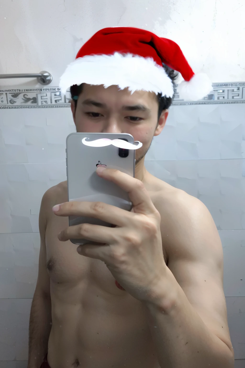 arafed man in a santa hat taking a selfie in a bathroom, 2 ***********, 2 ***********, 2 ***********, 2 ***********, 2 ***********, 2 ***********, 21 years old, 3 ***********, (38 years old), with mustache, 4 0 years old man, six packs, muscles, muscular