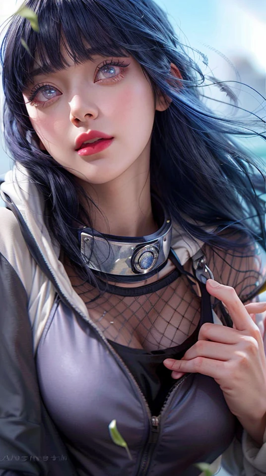 a close up of a person with long hair and a hoodie, hinata hyuga, hinata hyuga from naruto, from naruto, as an anime character, perfect anime face, she has dark blue hair with bangs, female anime character, anime character, anime best girl, hime cut hairstyle, dark blue hair, (red glossy lips:1.3), light purple eyes, big breasts, realistic, ultra detail