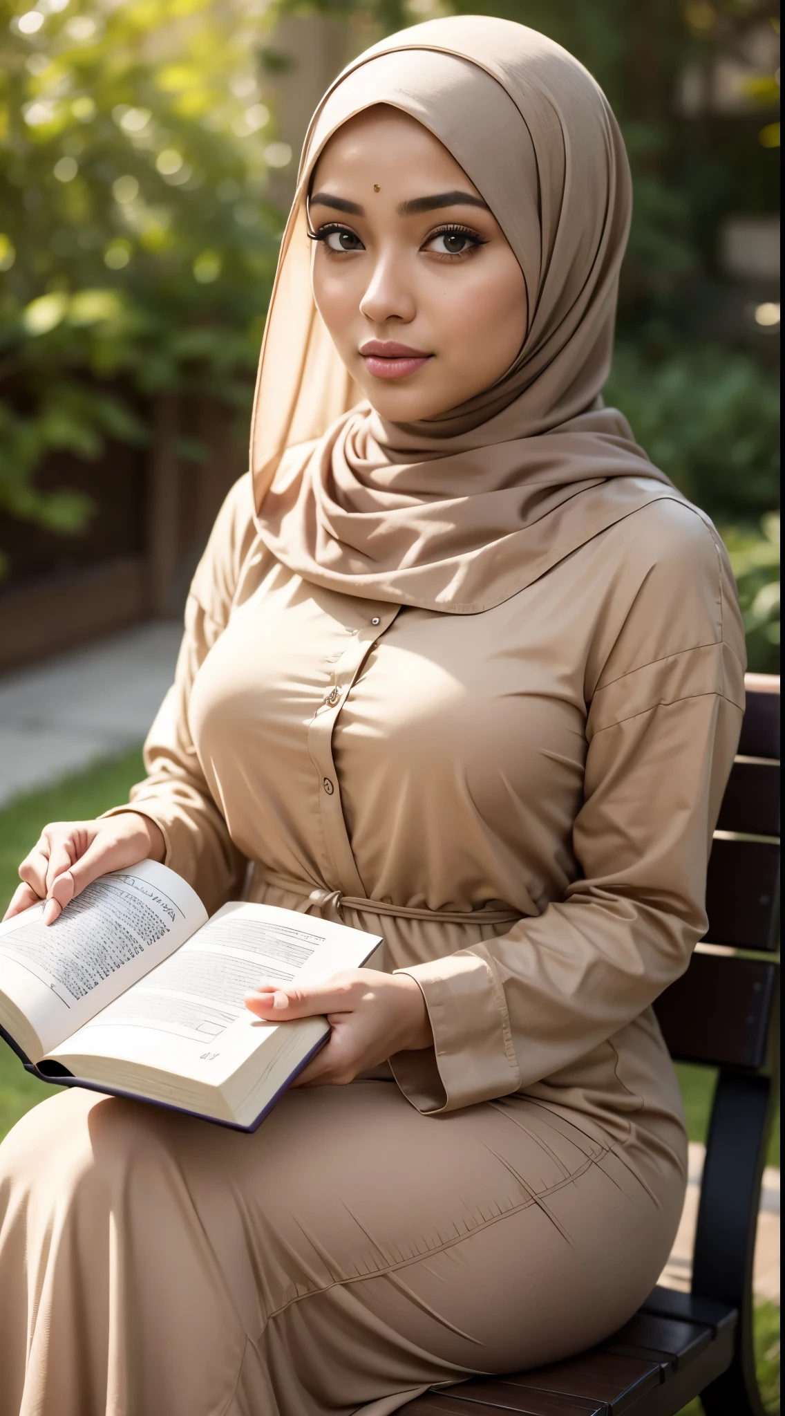(photorealism:1.2), sexy woman, sitting on a chair, feet on a book, wearing sleeveless top, short school skirt, hijab, socks, soft lighting, realistic, intricate details