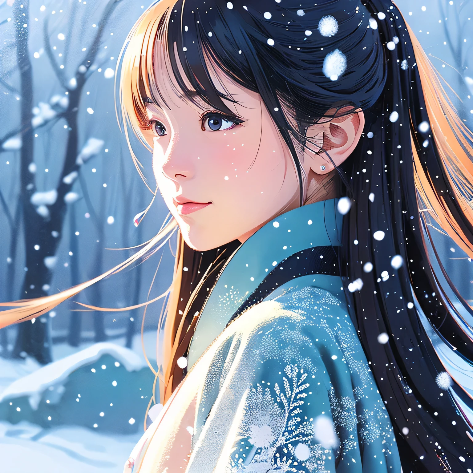Illustration style、ukiyoe painting、Showa Anime、Woman、Snow、Sensitive