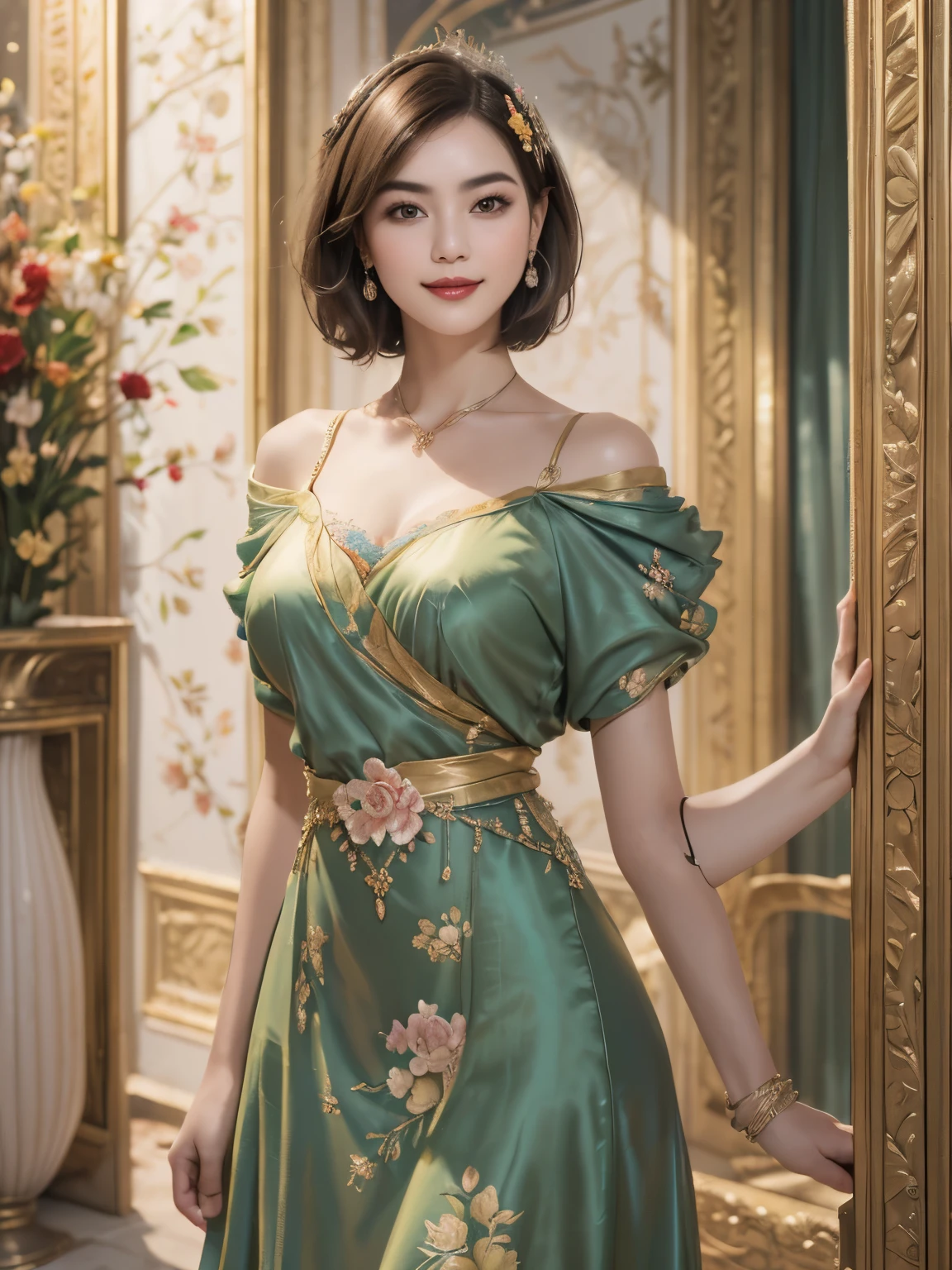 141
(a 20 yo woman,in the palace), (A hyper-realistic), (high-level image quality), ((beautiful hairstyle 46)), ((short-hair:1.46)), (kindly smile), (breasted:1.1), (lipsticks), (is wearing dress), (murky,wide,Luxurious room), (florals), (an oil painting、Rembrandt)