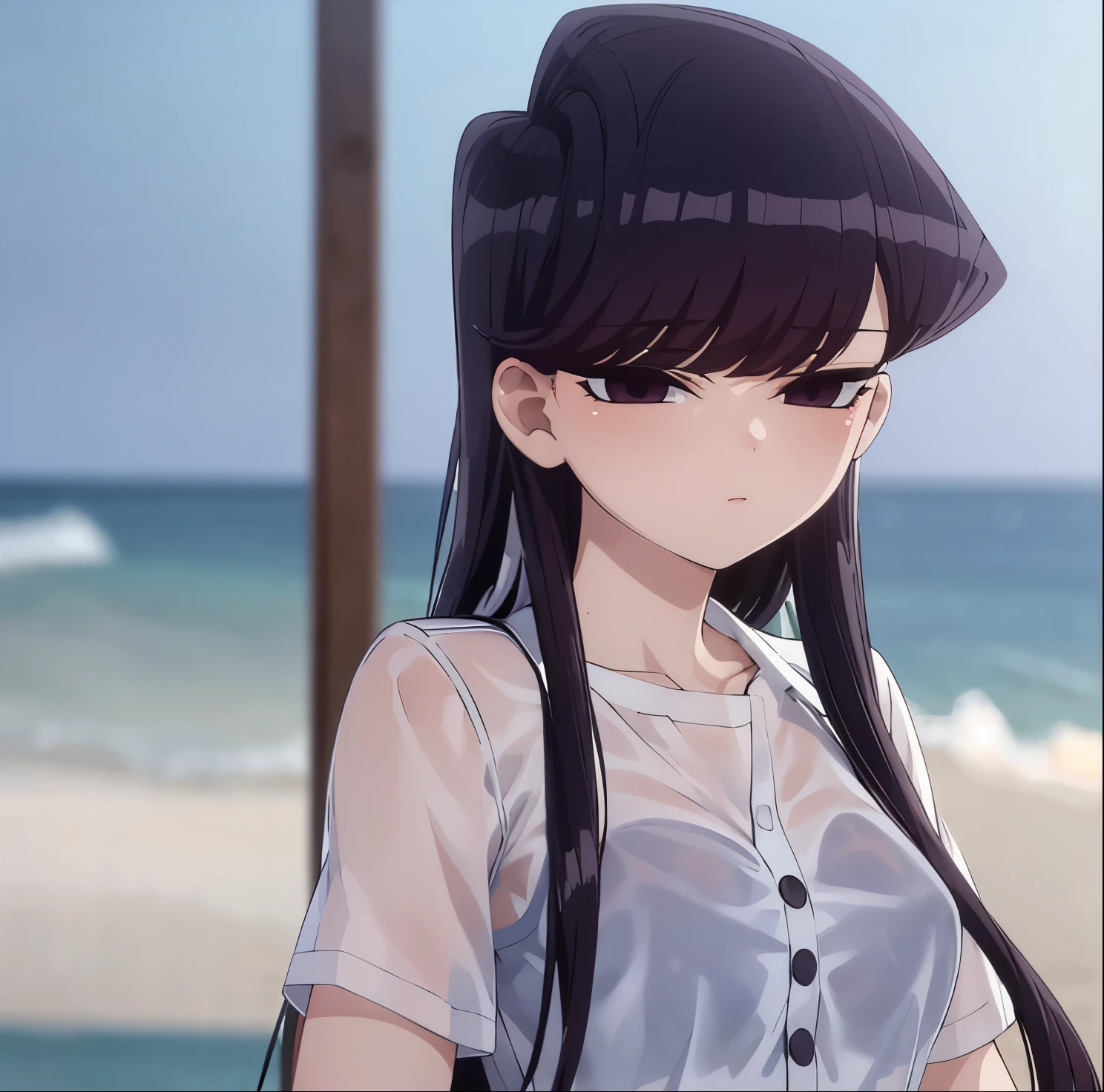 Komi Shouko, 1girl, alone,white sundress, white sun hat, beach, see-through clothes, see-through , masterpiece, best quality , good hands, good anatomy