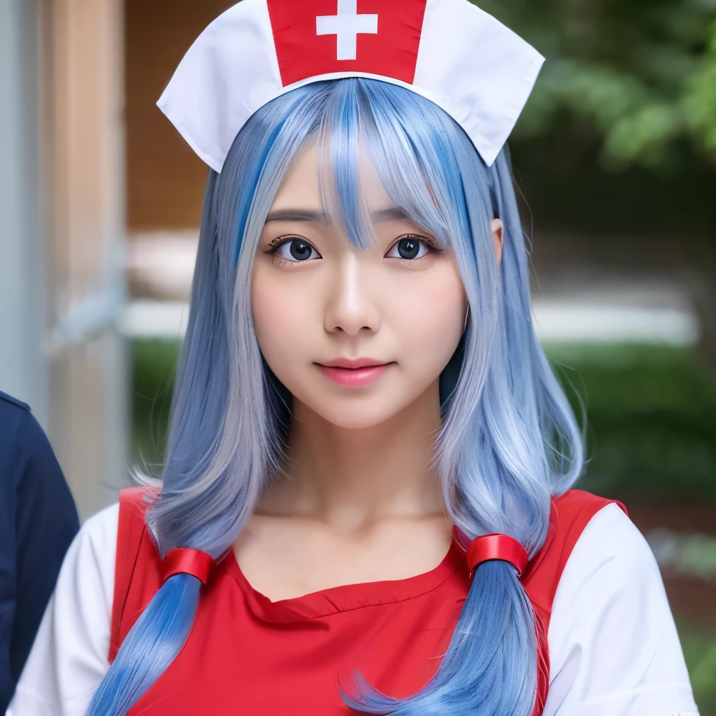 , {{{{yagokoro eirin}}}, silver hair,fusion of red clothes & blue clothes, nurse cap, bigboob, full body, anime face, long hair