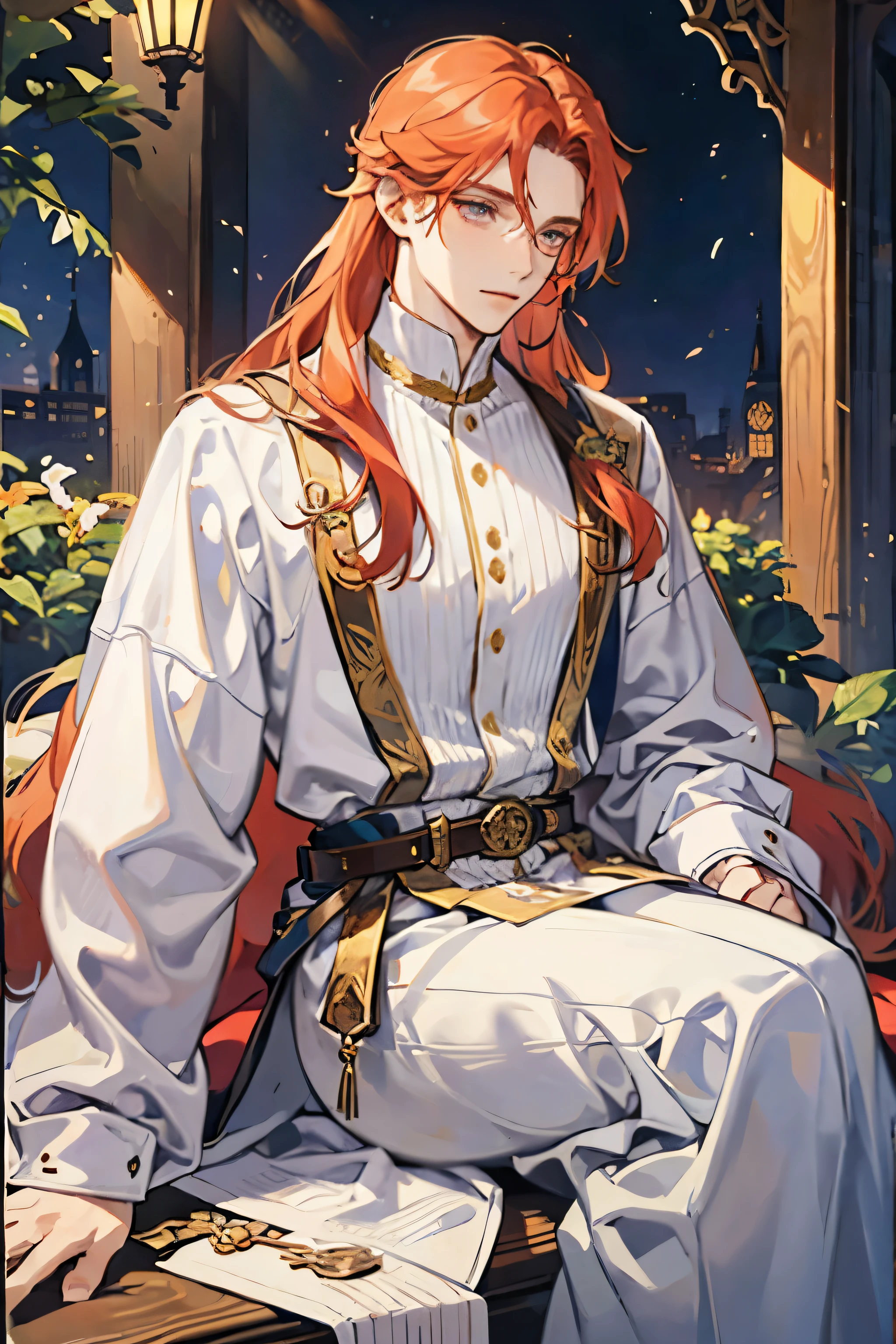 a man with long ginger hair and silver eyes, wearing women's noble clothes