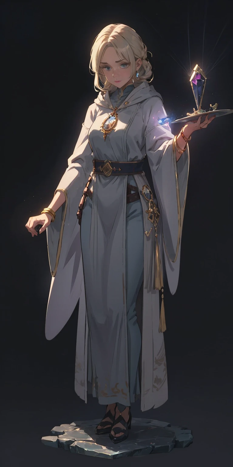 mstoconcept art, european and american cartoons, game character design, solo, 1girl, MAGICIAN, FEMALE FOCUS, GRAY BACKGROUND, WIZARD, FULL BODY, STANDING, HOOD, ROBE, MILF, JEWELRY, LONG BLONDE HAIR, BRACELET, WIDE SLEEVES, WOMAN, BELT, GEMSTONE, LONG SLEEVES, FEMALE VERSION
