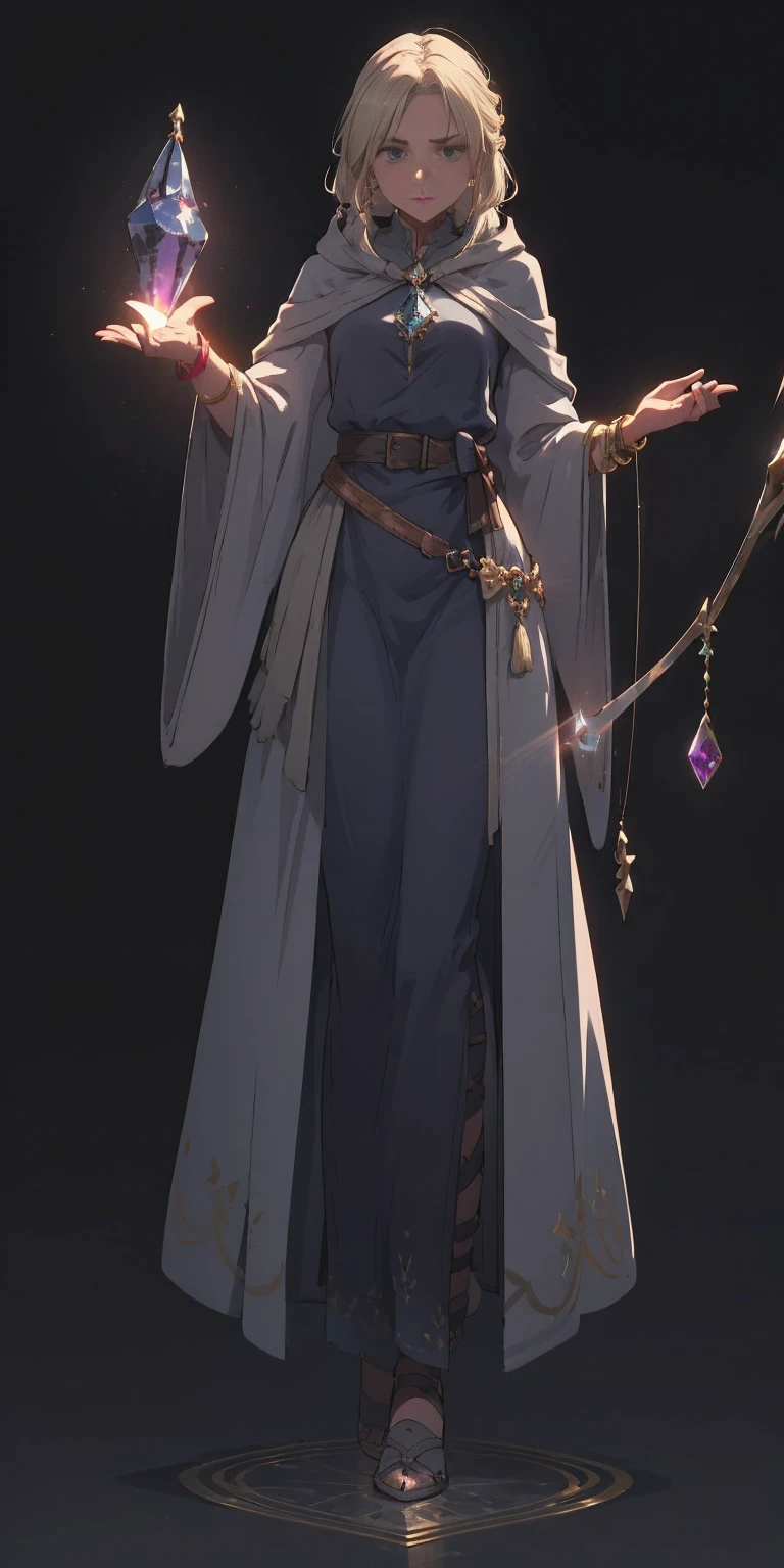 mstoconcept art, european and american cartoons, game character design, solo, 1girl, MAGICIAN, FEMALE FOCUS, GRAY BACKGROUND, WIZARD, FULL BODY, STANDING, HOOD, ROBE, MILF, JEWELRY, LONG BLONDE HAIR, BRACELET, WIDE SLEEVES, WOMAN, BELT, GEMSTONE, LONG SLEEVES, FEMALE VERSION