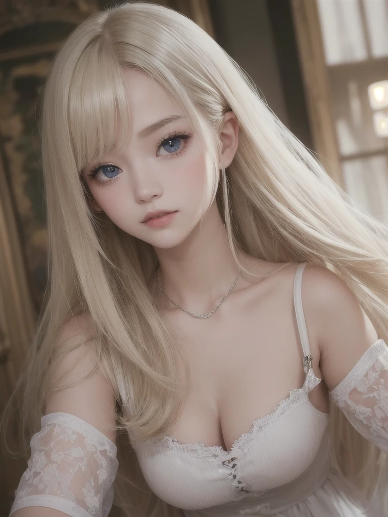 Light smile、natta、Raw photography、(((Portrait of extreme beauty)))、((glistning skin))、女の子1人、16 year old beautiful girl in Prague、ultimate beauty girl、bright expression、((platinum-blonde-hair))、[Big blue eyes that shine like jewels]、Glossy glossy skin、Silky Super Long Straight Hair、eye liner、Beautiful bangs、Hair between the eyes、((​masterpiece、top-quality、ultra-detailliert、Film Light、intricate-detail、hight resolution、ighly detailed))、细致背景、8KUHD、Digital SLR、Soft light、hightquality、Film grain、FujifilmXT3 、Shallow depth of field、natural soft light、（No hands）、Kamimei、Lush bust