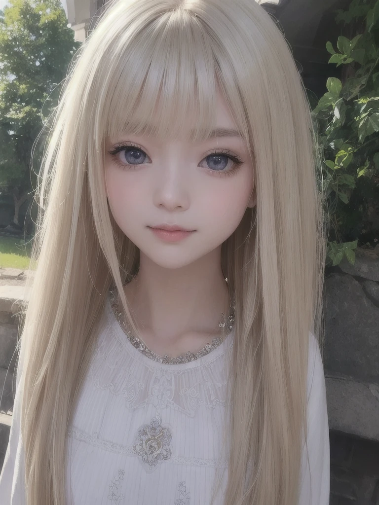 Light smile、natta、Raw photography、(((Portrait of extreme beauty)))、((glistning skin))、1人、16 year old beautiful girl in Prague、ultimate beauty girl、bright expression、((platinum-blonde-hair))、[Big blue eyes that shine like jewels]、Glossy glossy skin、Silky Super Long Straight Hair、eye liner、Beautiful bangs、Hair between the eyes、((​masterpiece、top-quality、ultra-detailliert、Film Light、intricate-detail、hight resolution、ighly detailed))、细致背景、8KUHD、Digital SLR、Soft light、hightquality、Film grain、FujifilmXT3 、Shallow depth of field、natural soft light、（No hands）、Kamimei、Lush bust