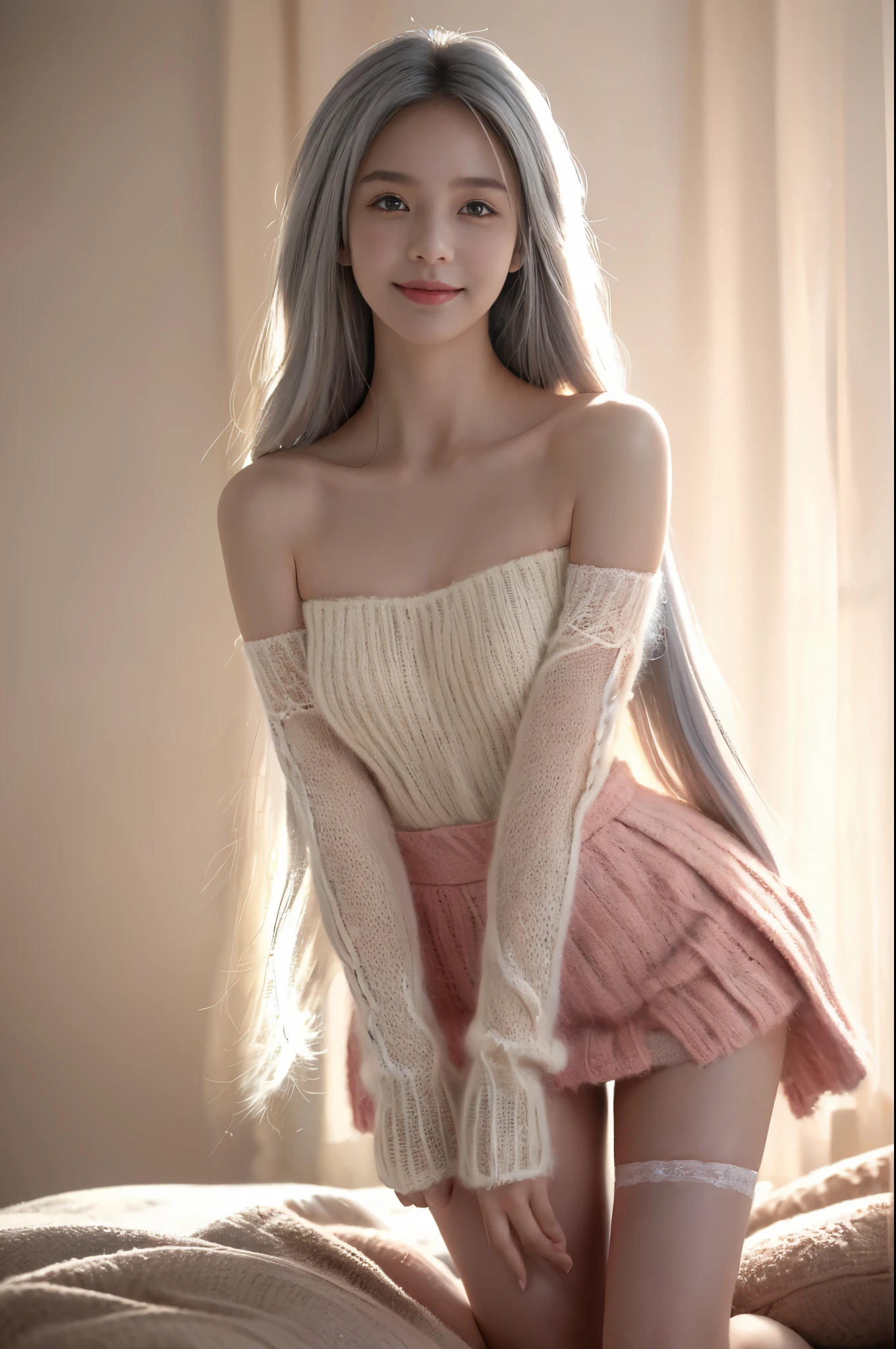 ((tmasterpiece:1.4)、(quality:1.4)、(Realistic:1.7))、Royo(Royo)一个The beautiful girl的超现实肖像、A super beautiful girl、((1 girl in:1.4))、Glowing and natural looking skin texture、Author Royo(Royo)、19years old、(Two arms:1.4、Two legs:1.4)、(perfect anatomia:1.4)、(Perfect female body:1.4)、A portrait photo of a girl、Closeup photo body shot:1.4), (highest quality:1.4), (actual:1.7), Royo, The beautiful girl, A super beautiful girl, ((1 girl in:1. 4), Glowing and natural looking skin texture, Author Royo, 19years old, (Perfect female body: 1.4), (Perfect female body: 1.) 4), A portrait photo of a girl, Close-up photo body photo), Fantasyart, soft front lighting, The beautiful expression, Kawaii face, The beautiful, Large full-breasted: 1. 2, The beautiful butt, Fine Eye, Clear and eye-catching, Beautiful and, pretty eyes, big breasts thin waist, RAW photogr, Redlip, ((White hair, long whitr hair)) , 1 screen view, ),((Off-the-shoulder hand-knitted sweater))、((Pink tight skirt))、 (sexyposture), (Milky Way in the sky),((T-back garters and garters))、(A smile)、