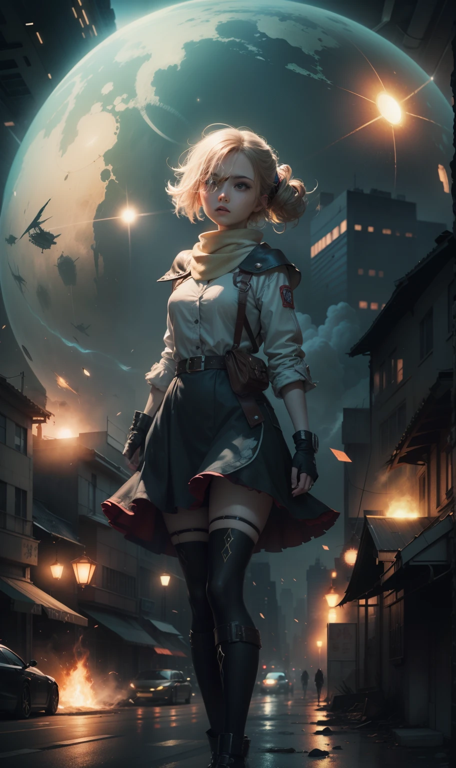 A cover art illustration of Alice Margatroid in the ambiance of Akira's dystopian setting, identical perfectly symmetric eyes, identical perfectly round eyes, The artwork should depict Alice amidst the chaos and turmoil of a city under siege. The design should include familiar Akira elements such as the large red energy sphere and dramatic light trails, all in the context of Alice's magic. High resolution, hyper-detailed, with dramatic lighting, Unreal Engine, cinematic, elegant, post-production, post-processing color-coded UHD, 8K.