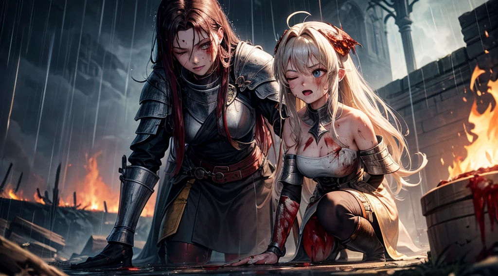 masterpiece,best quality,ultra detailed,(1 Fallen Female Knight),(rage:1.1),(one eye closed:1.1),upper body shot,The fire sword,blonde hair,long hair,blue eye,straight hair,(ThunderStorm:1,5),darksouls,(fire:1.4),(Rainy:1.3),((blood dripping from mouth:1.0)),(((profuse bleeding:1.5))),grass,(wet skin:1.3),(wet hair:1.5),(gritting teeth:1.0),(bandage)