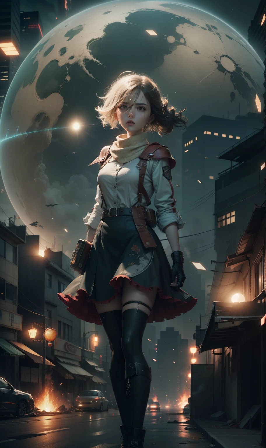 A cover art illustration of Alice Margatroid in the ambiance of Akira's dystopian setting. The artwork should depict Alice amidst the chaos and turmoil of a city under siege. The design should include familiar Akira elements such as the large red energy sphere and dramatic light trails, all in the context of Alice's magic. High resolution, hyper-detailed, with dramatic lighting, Unreal Engine, cinematic, elegant, post-production, post-processing color-coded UHD, 8K.