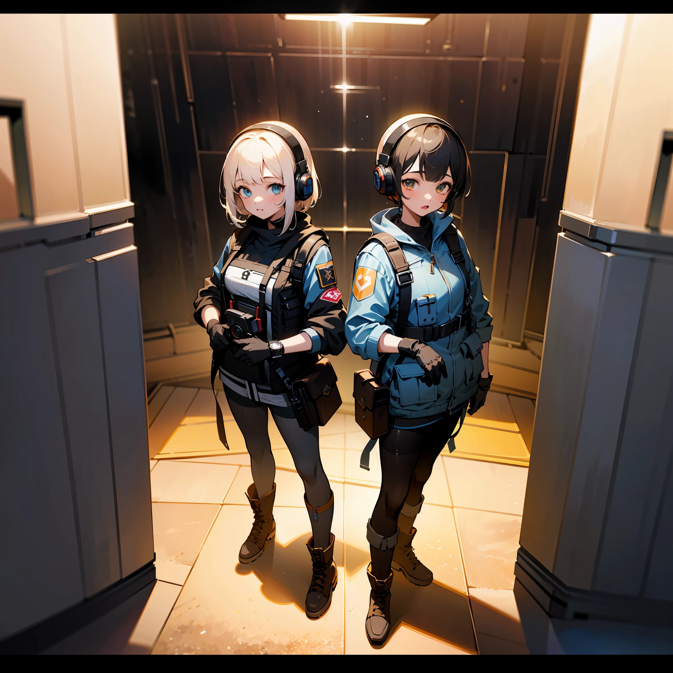 ((high quality)), ((masterpiece)), 8k, 2girls, bulletproof vest, light rays, extremely detailed CG unity 8k wallpaper, game cg, looking at viewer, gloves, boots, full body, watch, computer, mask, drone, holding weapon, headphones, jacket, bag, backpack,